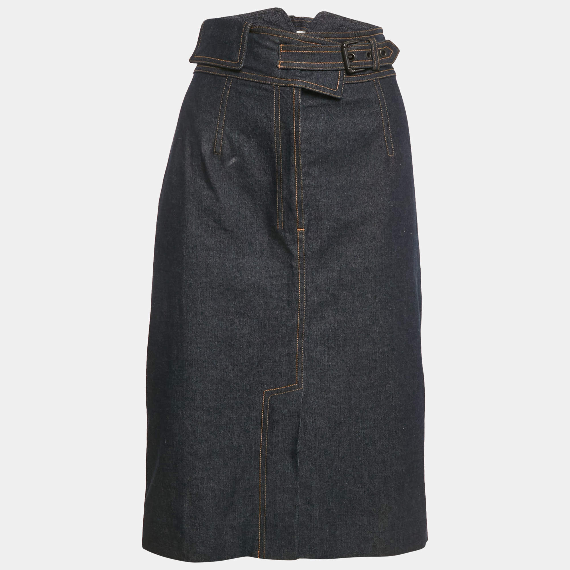 Pre Owned Saint Laurent Blue Denim Buckle Detail Midi Skirt L