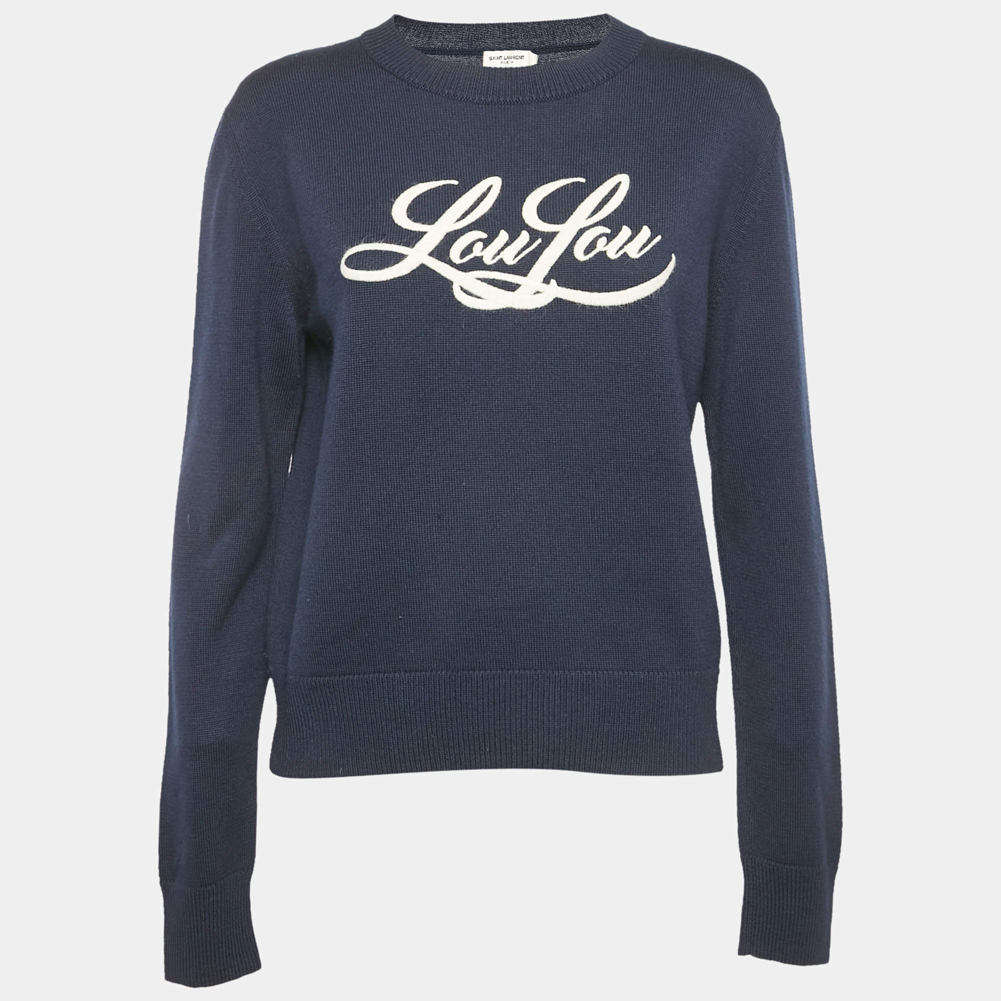 Saint Laurent Blue Embroidered Rib Knit Crewneck Sweater S