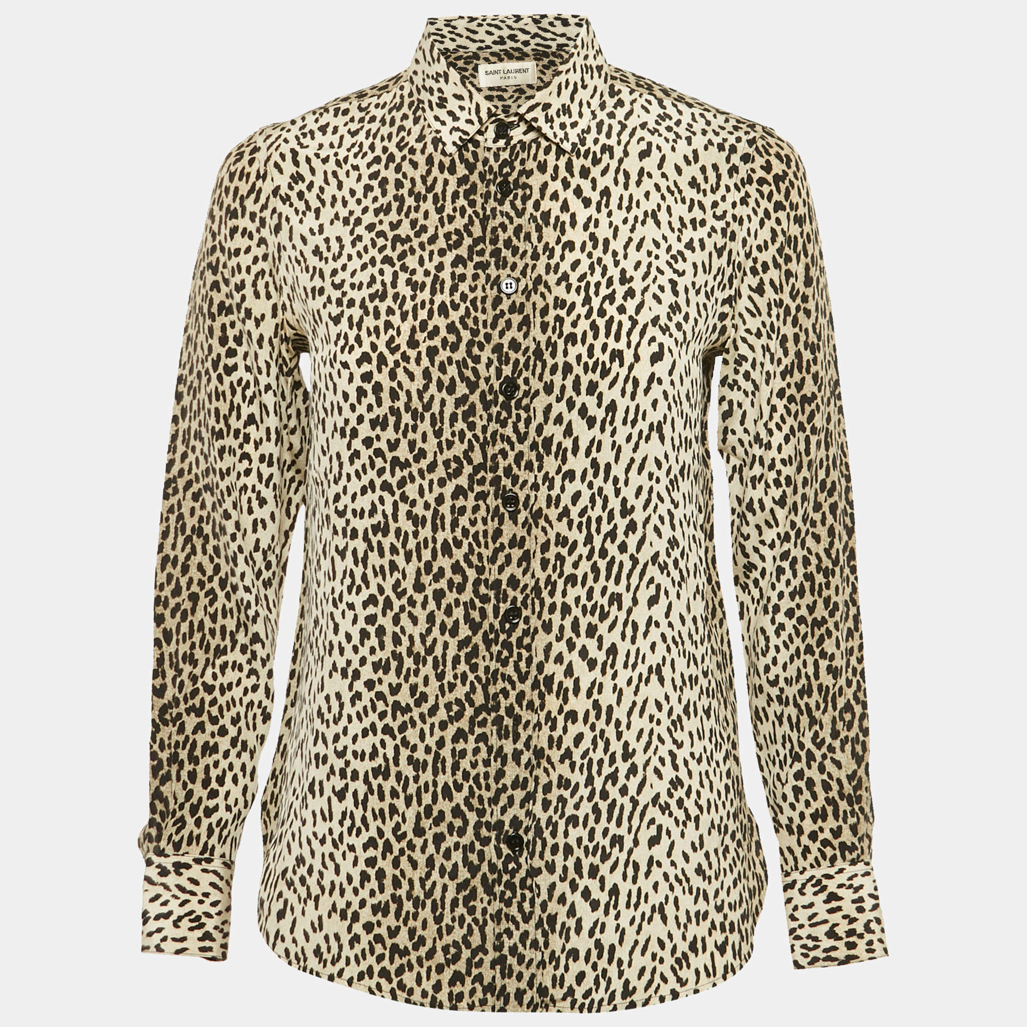 Pre Owned Saint Laurent Beige Leopard Print Silk Long Sleeve Shirt S