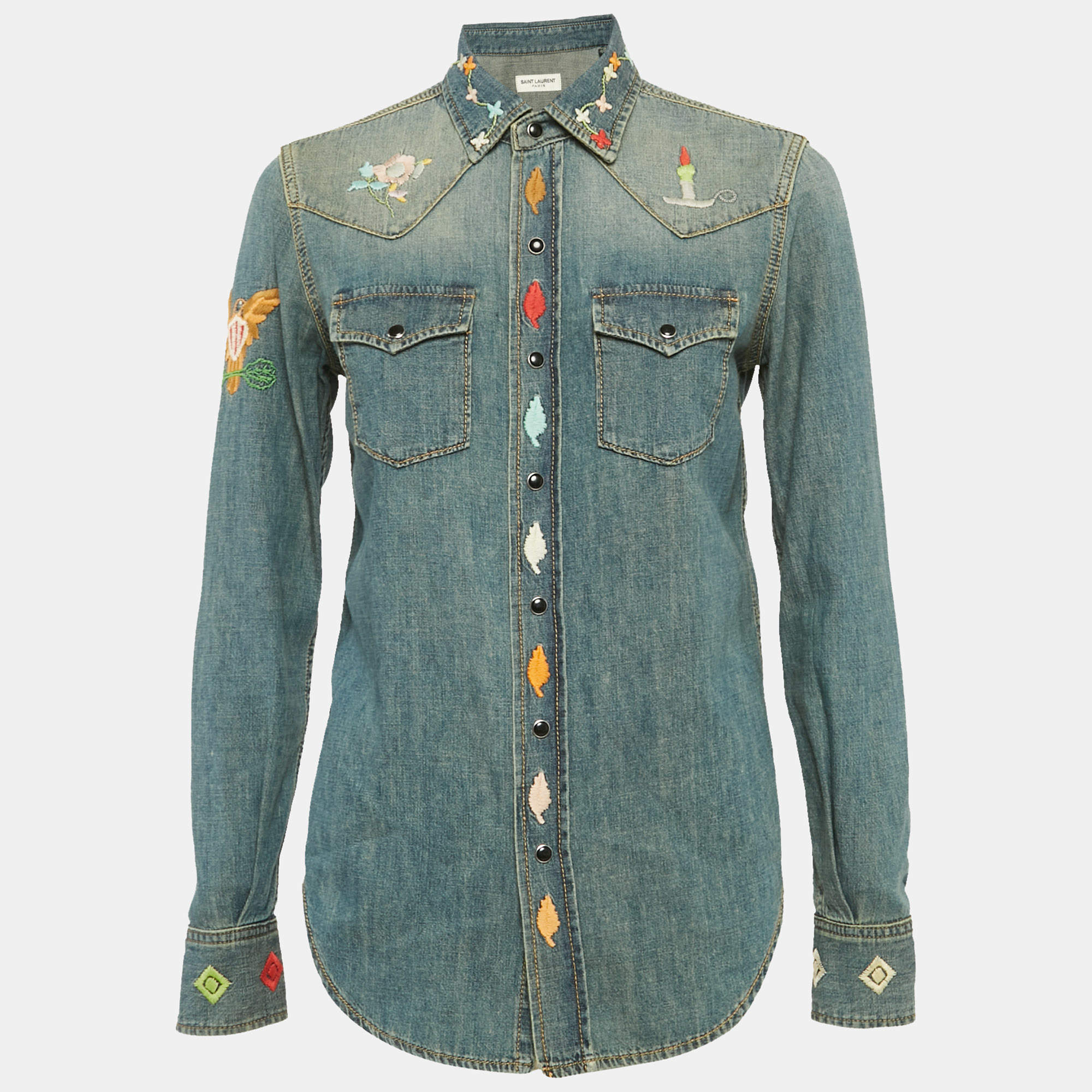 Saint Laurent Blue Embroidered Denim Button Front Blouse S
