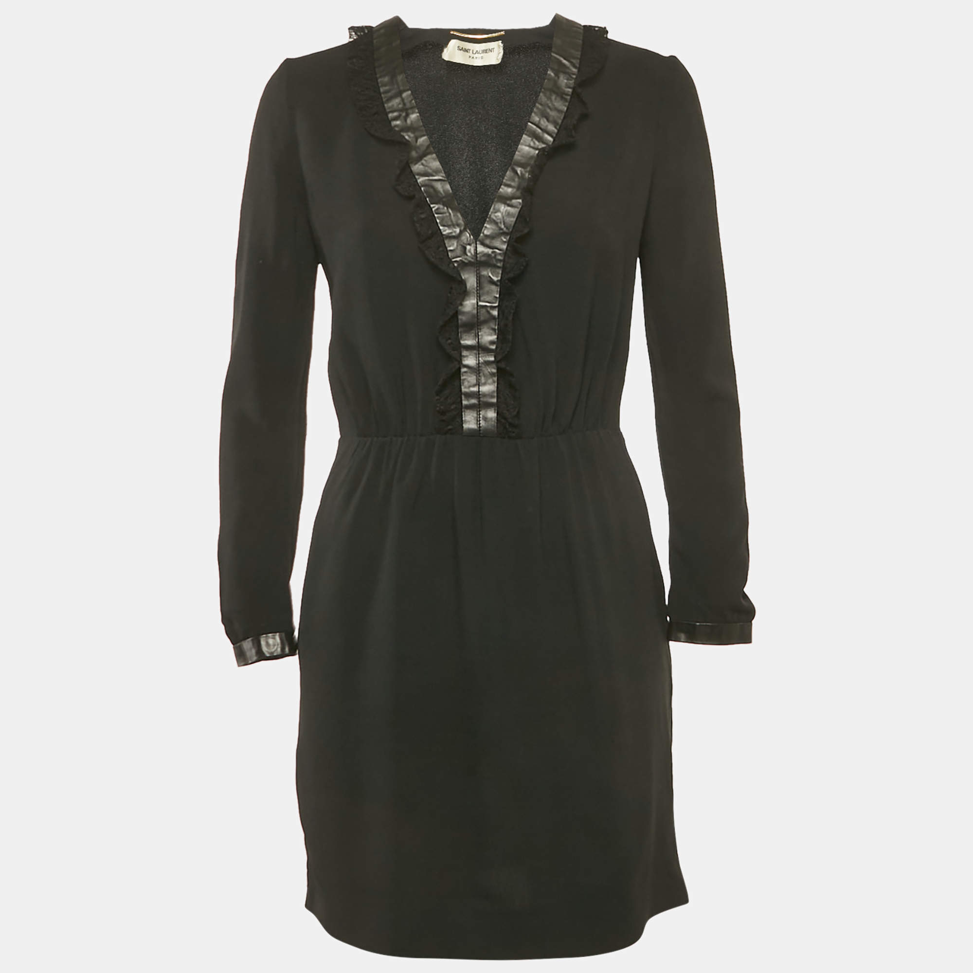 Pre Owned Saint Laurent Black Leather and Lace Trim Crepe Mini Dress M