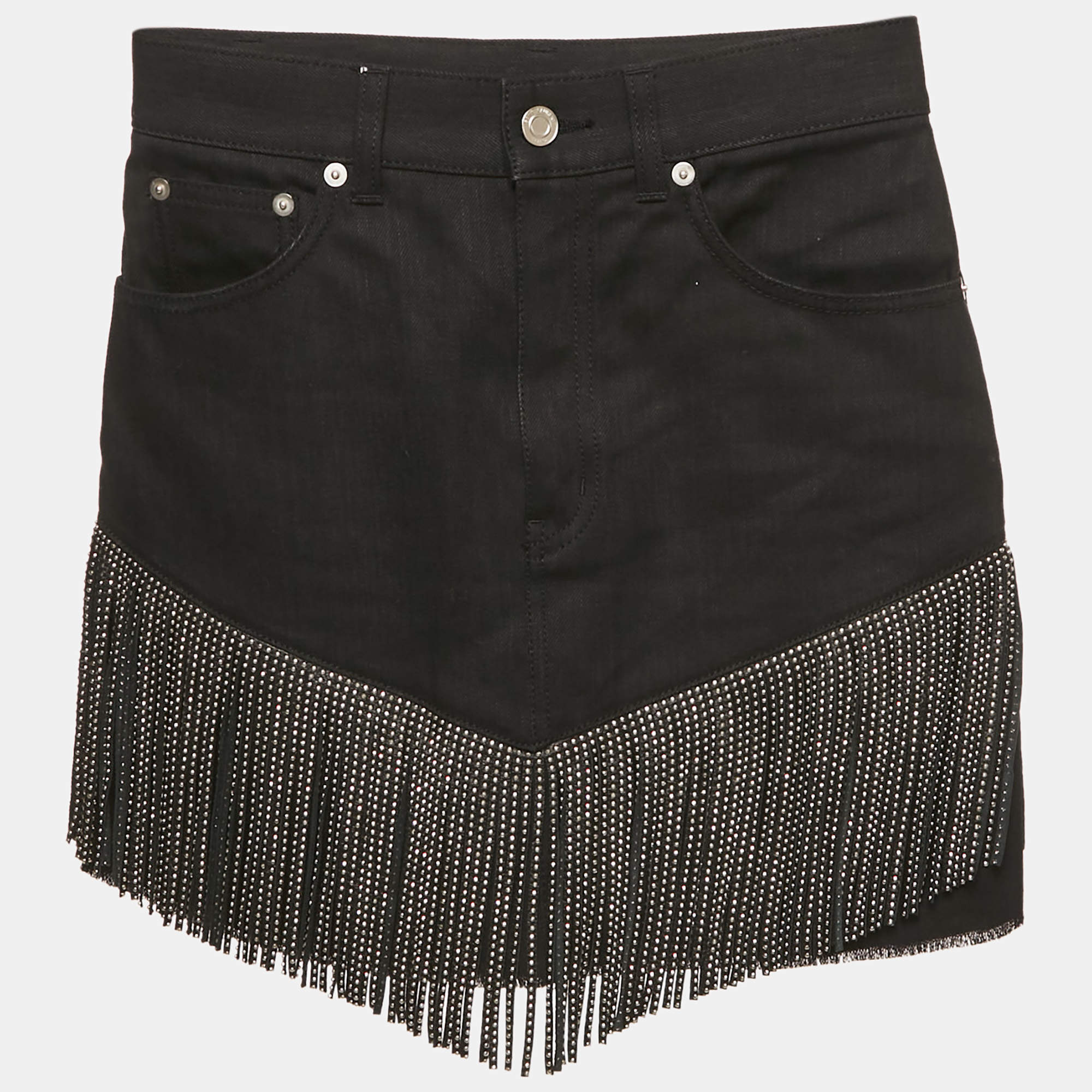 Saint Laurent Black Studded Leather Fringe Trim Denim Skirt S Waist 27"