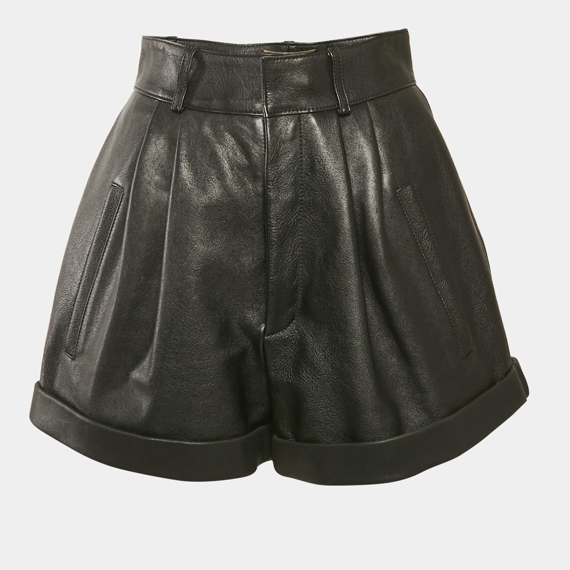Saint Laurent Black Leather Pleated Short S