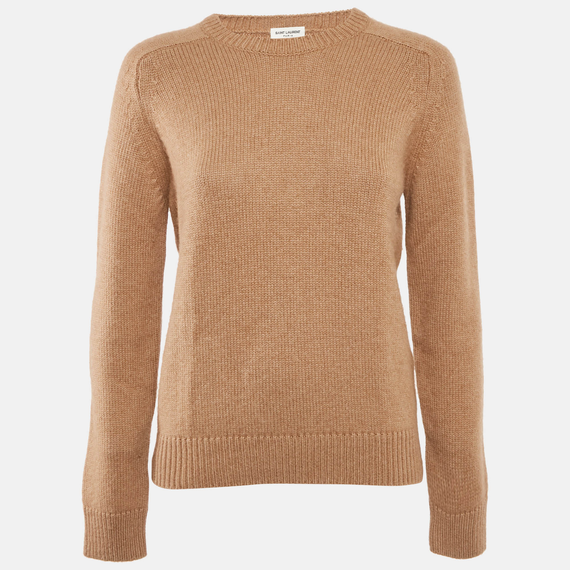 Saint Laurent Paris Camel Brown Rib Knit Crew Neck Sweater L