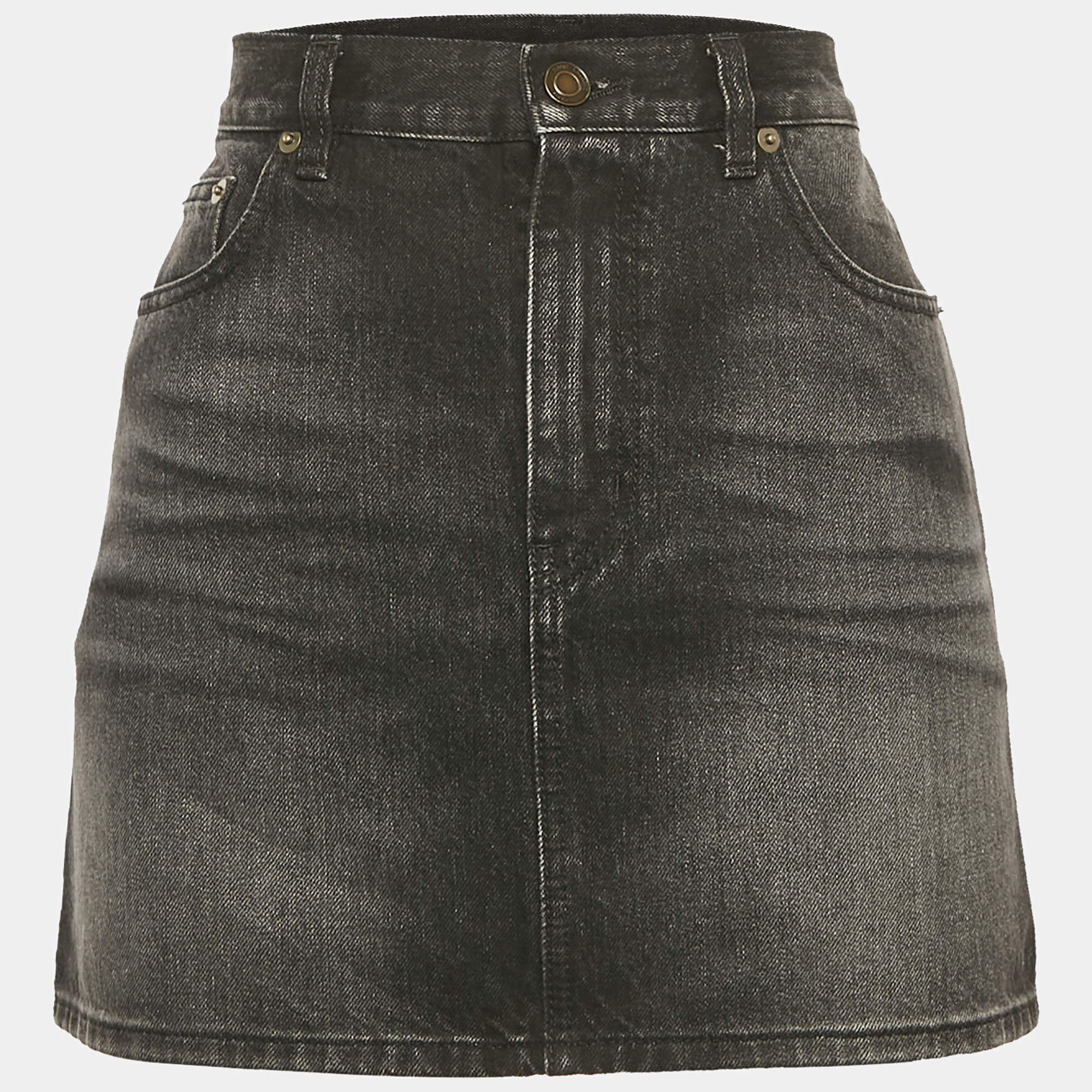 Pre Owned Saint Laurent Black Washed Denim Mini Skirt S