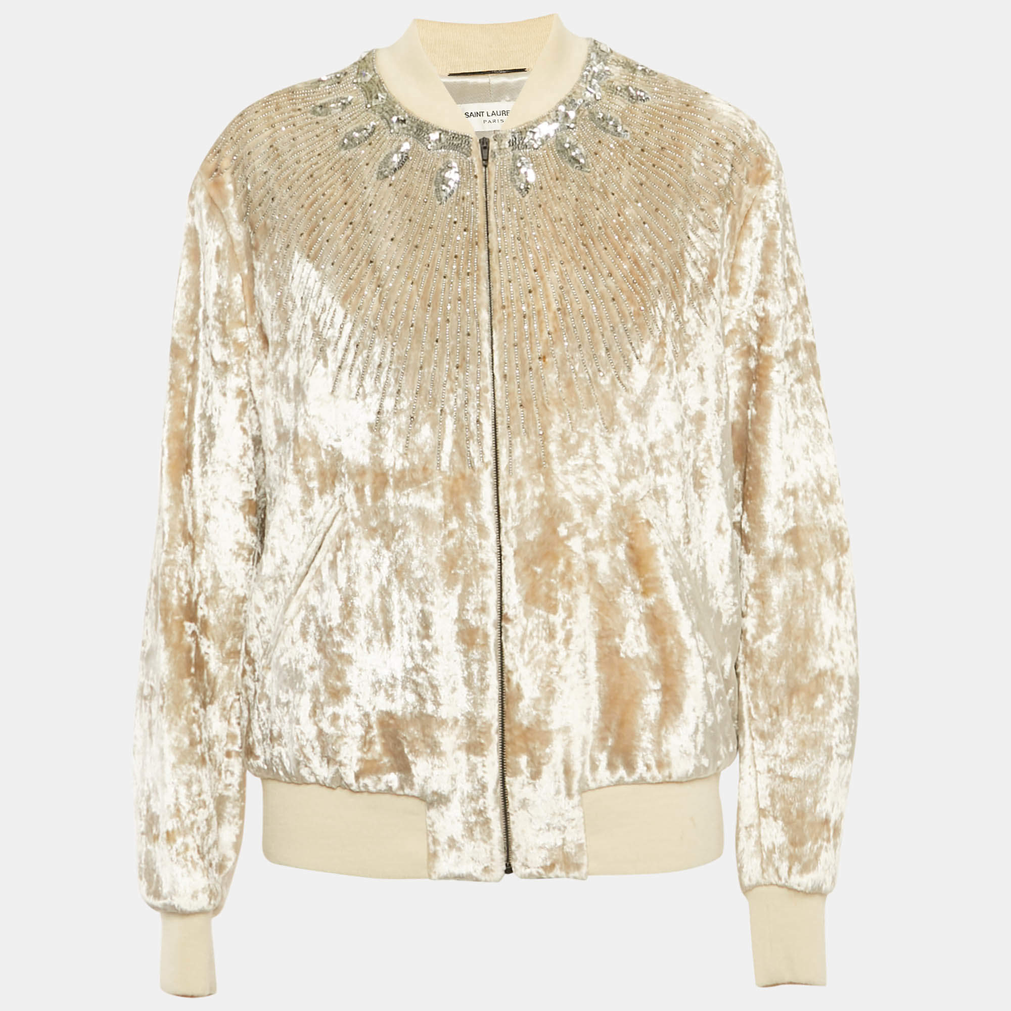 Pre Owned Saint Laurent Beige Lurex Velvet Embellished Bomber Jacket XXL
