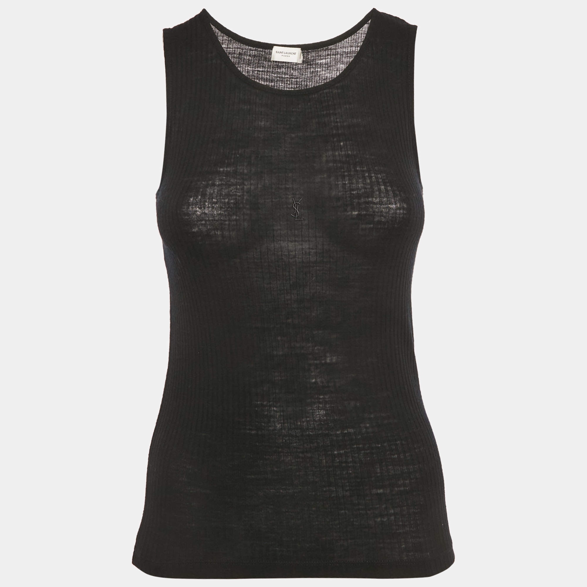 Pre Owned توب سان لوران أسود ضيق محبوك صغير جداً