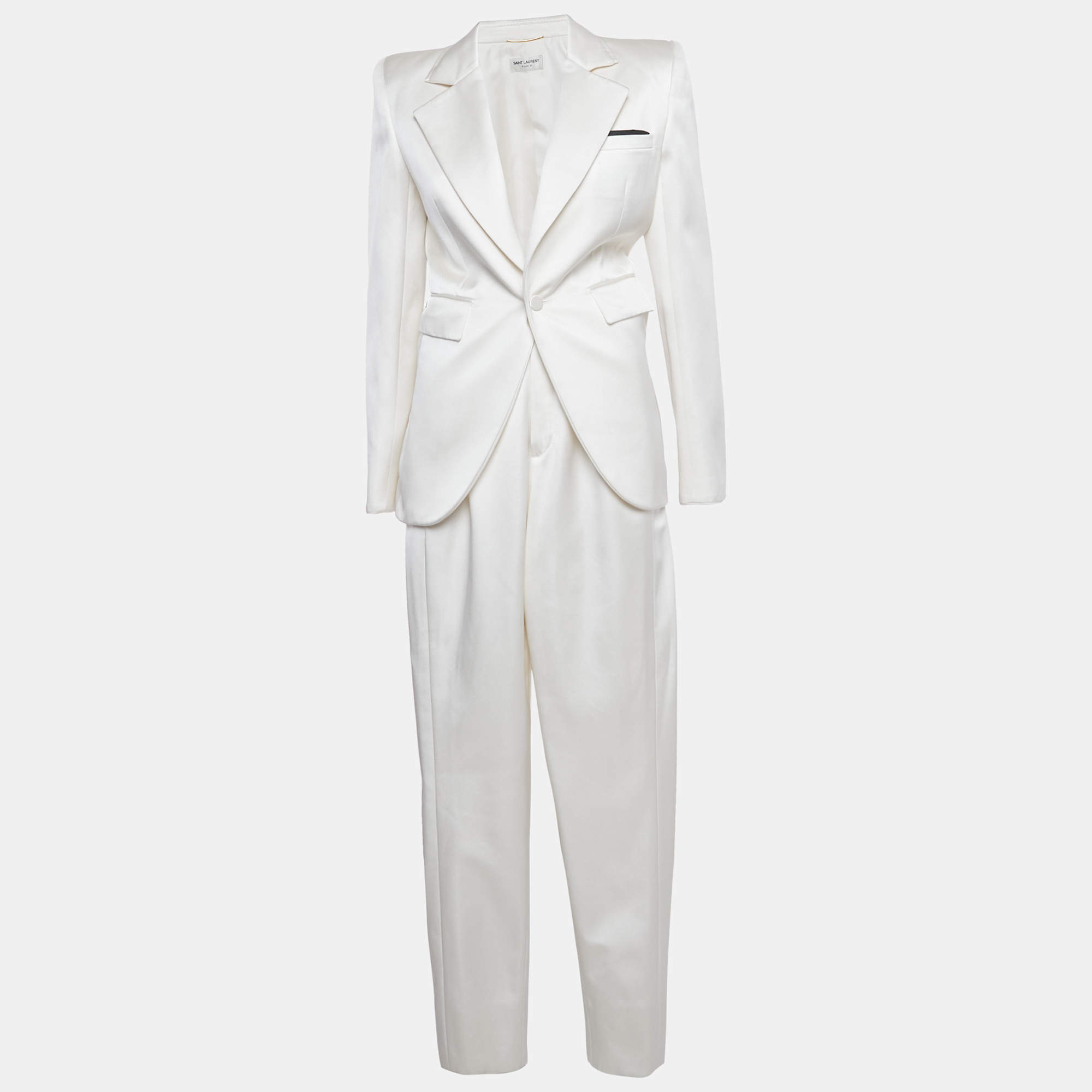 Pre Owned Saint Laurent Paris Ivory Satin Tailored Suit S/M
