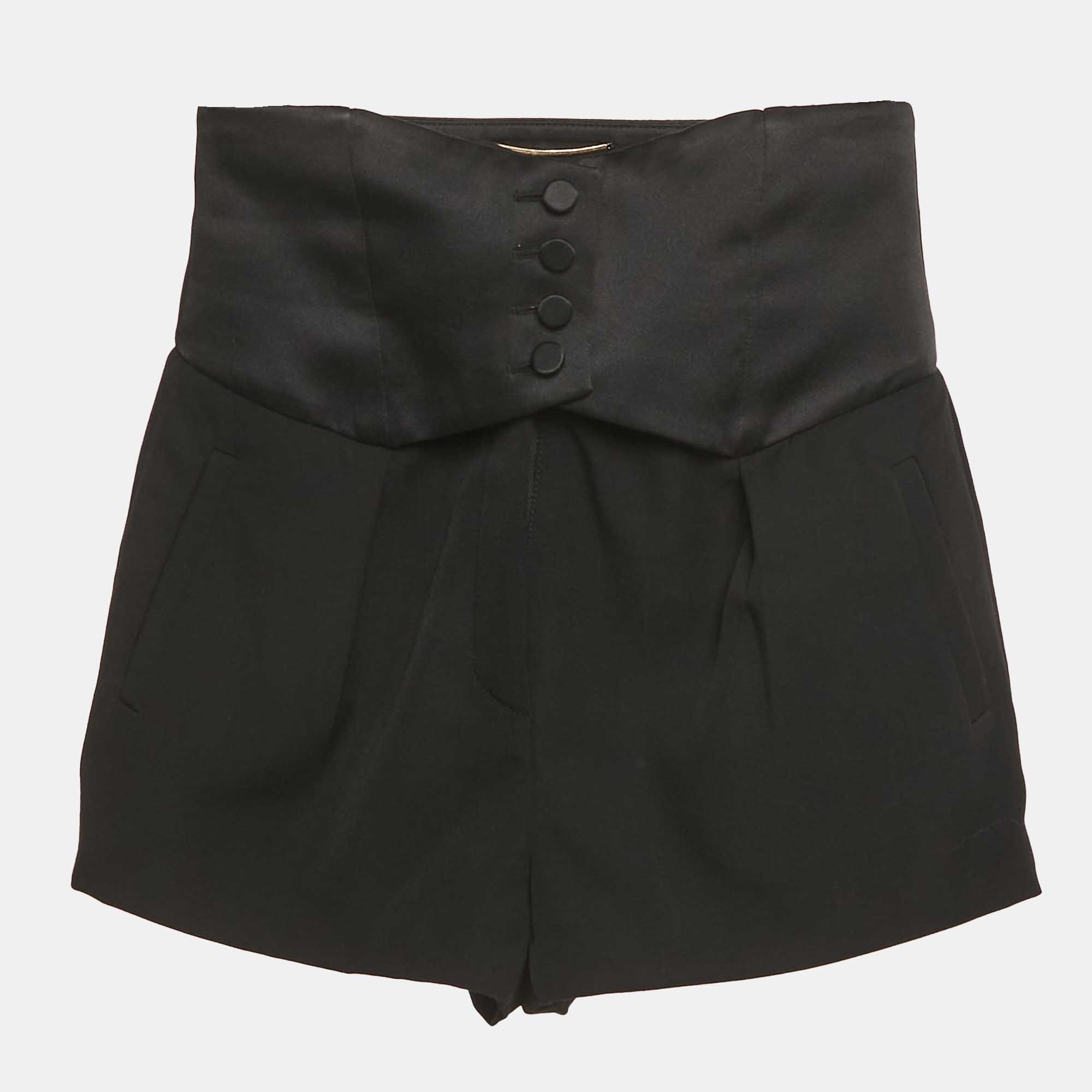 Pre Owned Saint Laurent Black Wool and Satin High Rise Shorts XS