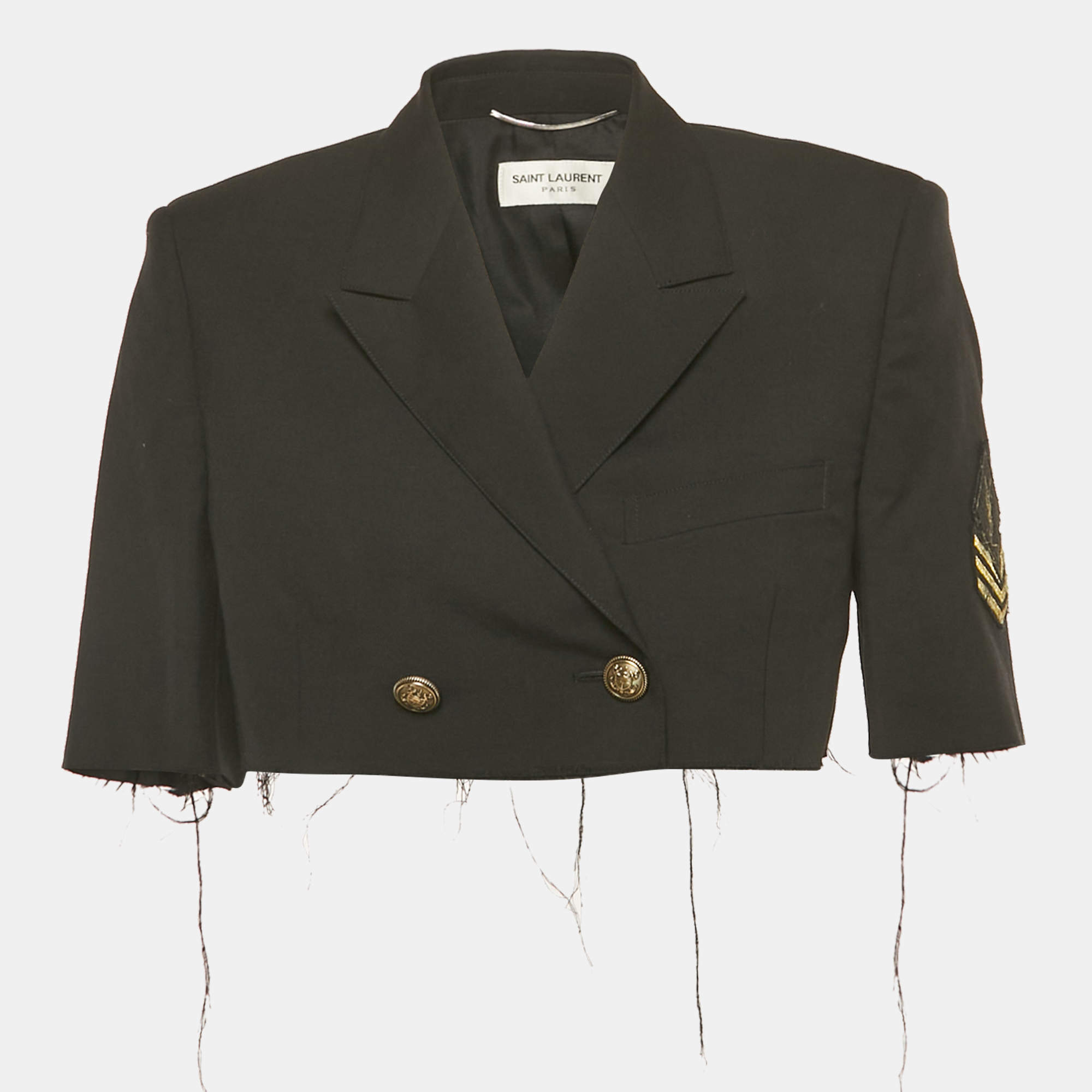 Pre Owned Saint Laurent Paris Black Logo Applique Detail Wool Raw Edge Cropped Jacket L