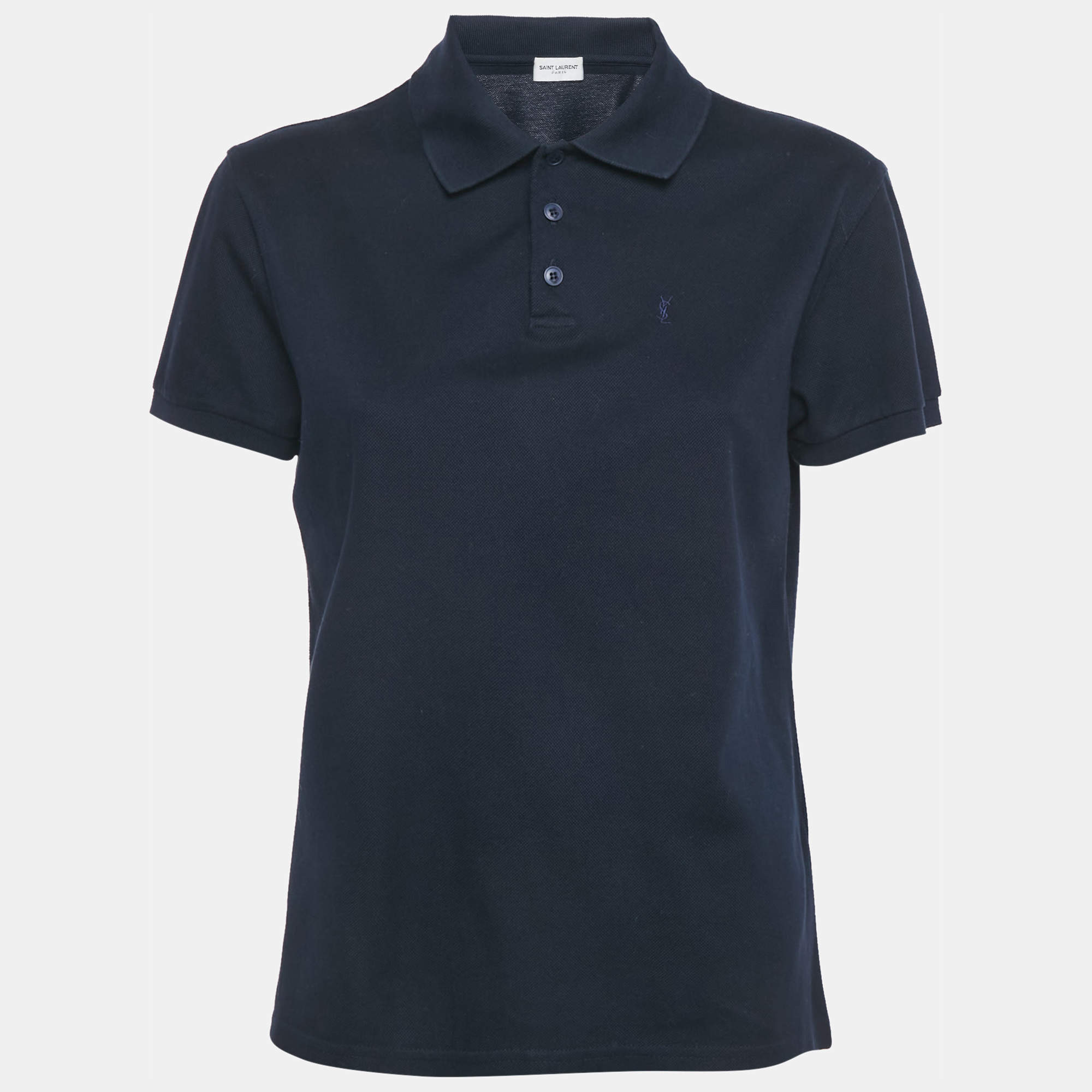Pre Owned Saint Laurent Paris Navy Blue Cotton Pique Polo T-Shirt XS