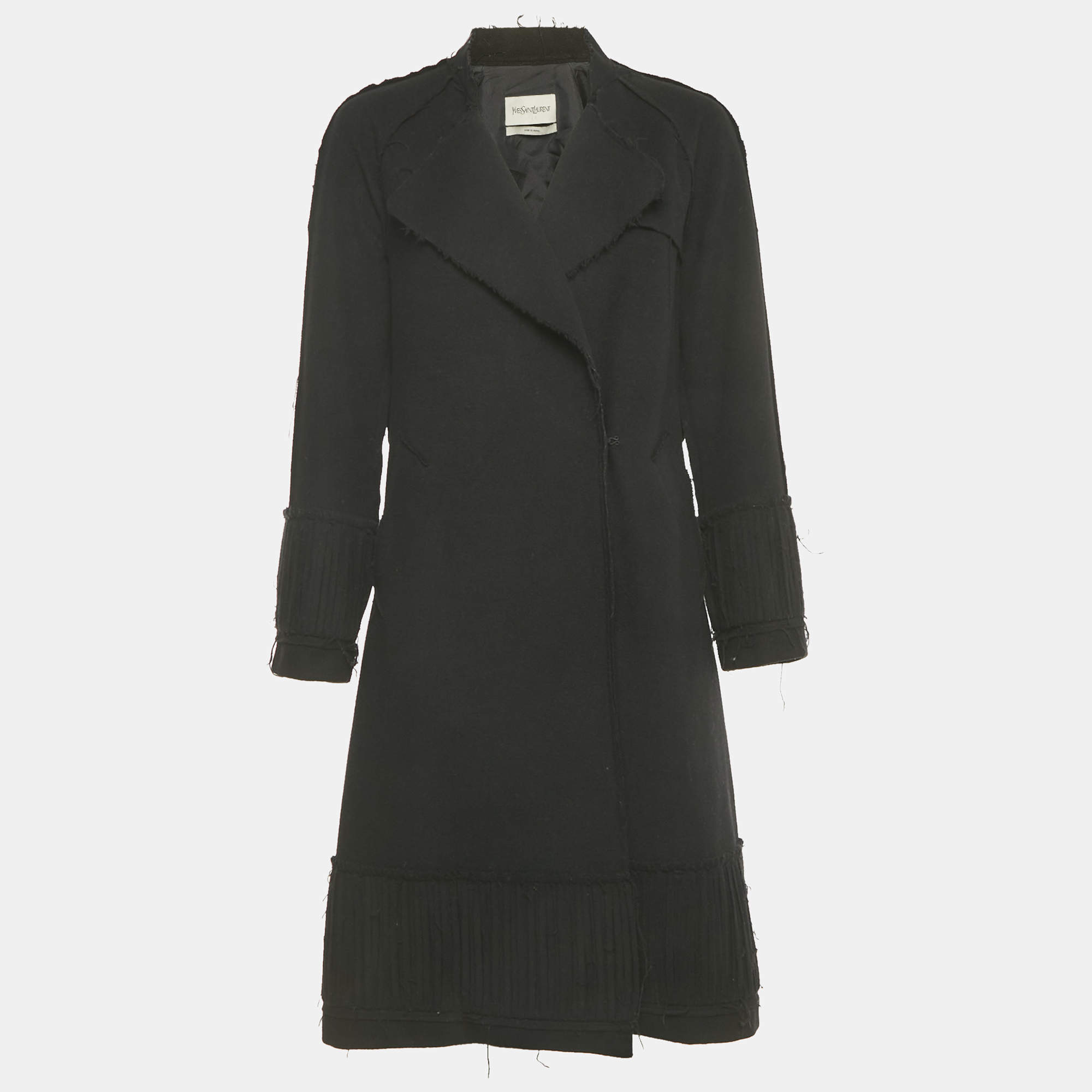 Pre Owned Saint Laurent Black Wool Fringed Trim Distressed Coat  S