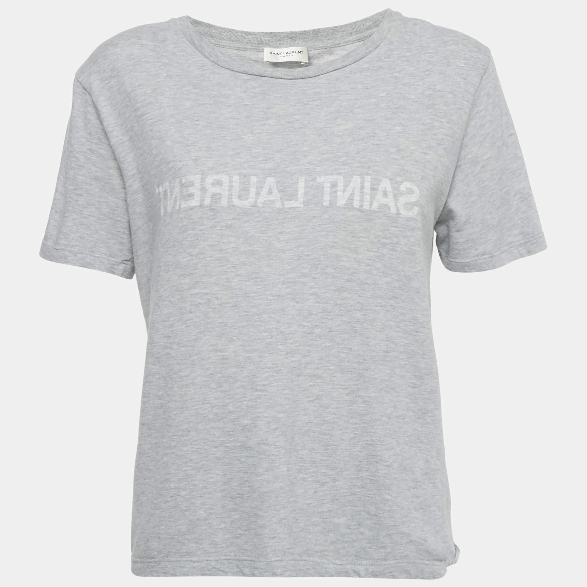 Pre Owned Saint Laurent Grey Melange Logo Print Jersey T-Shirt S