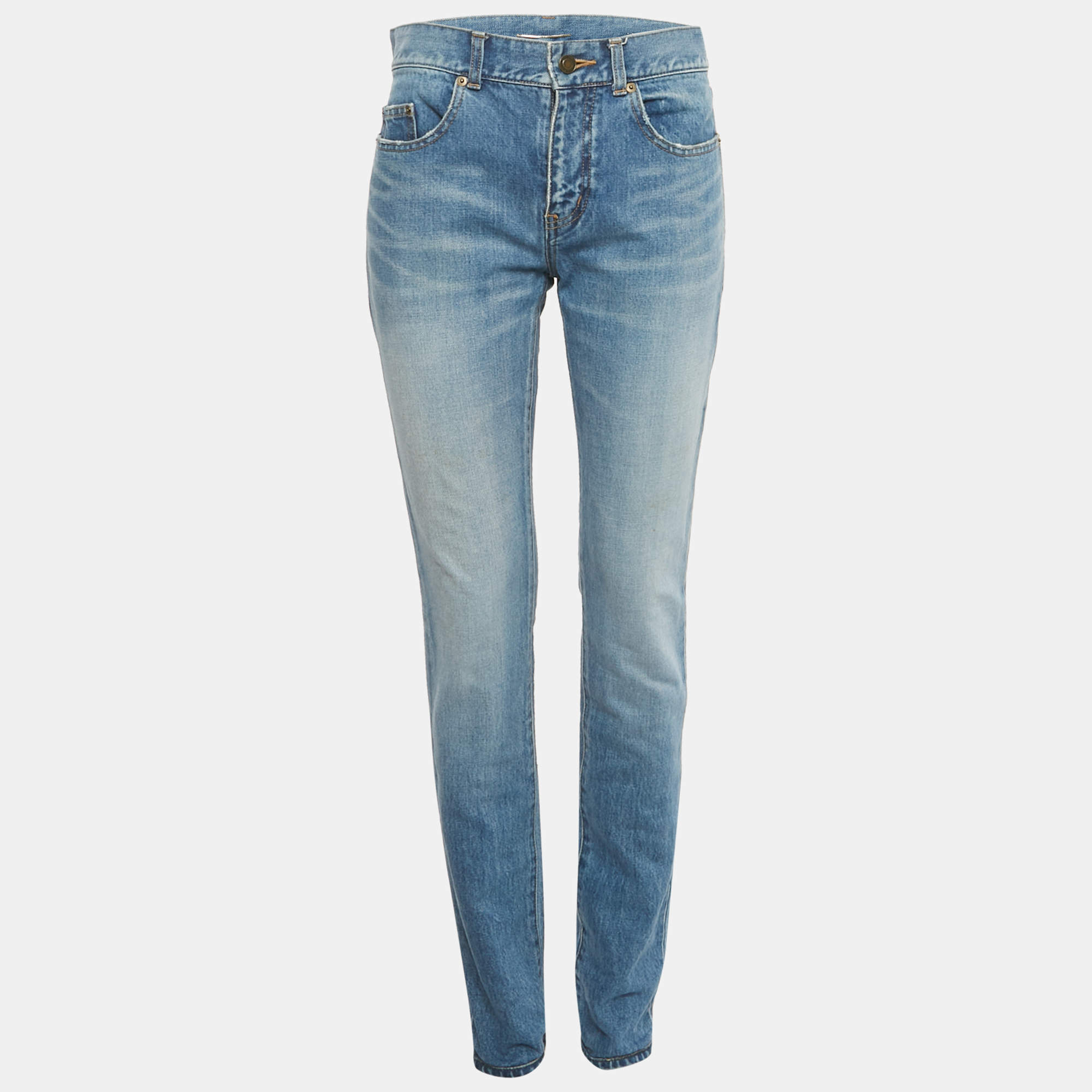 Pre Owned Saint Laurent Blue Faded Denim Embroidered Skinny Jeans M Waist 30"