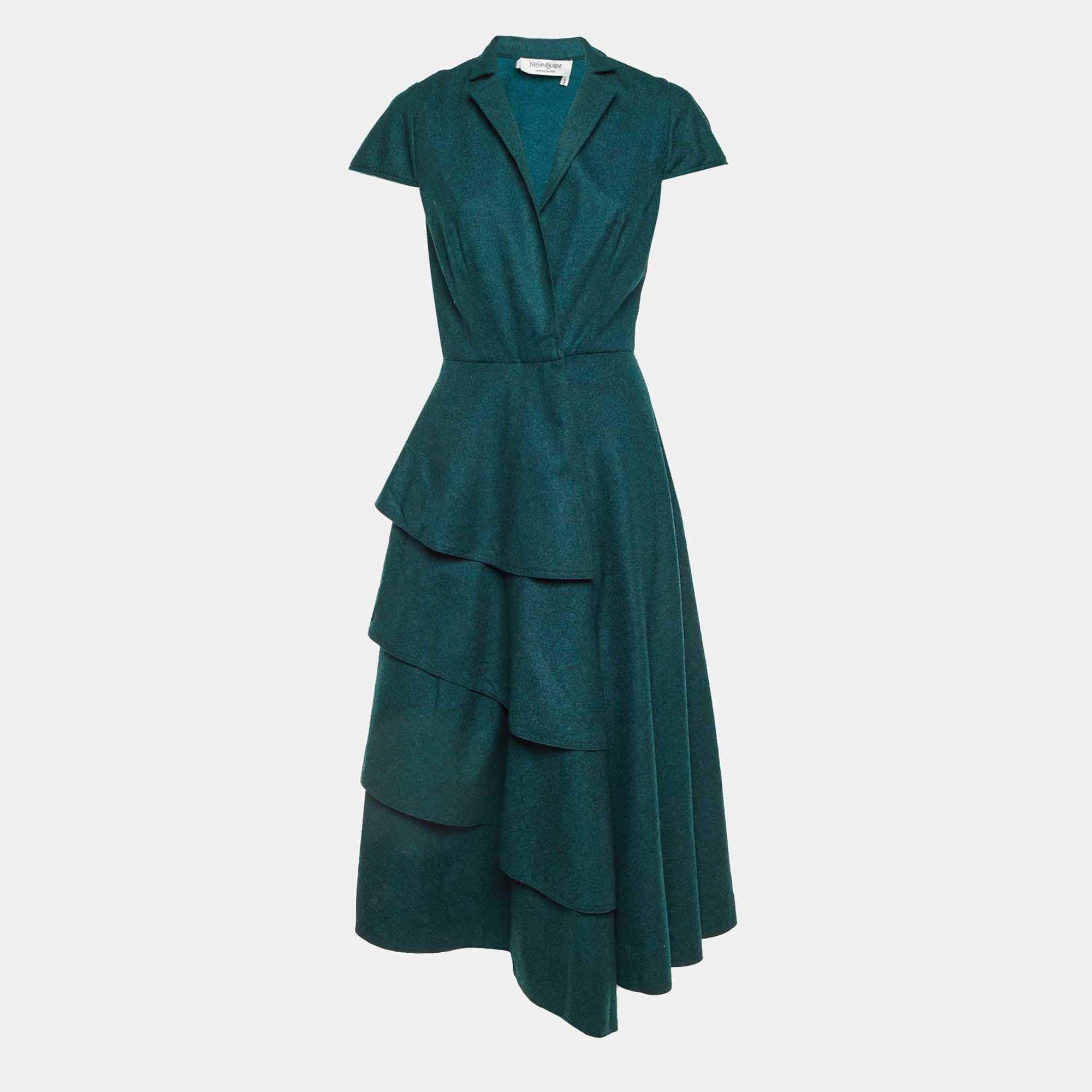 Pre Owned Saint Laurent Paris Dark Green Wool Tiered Midi Dress M