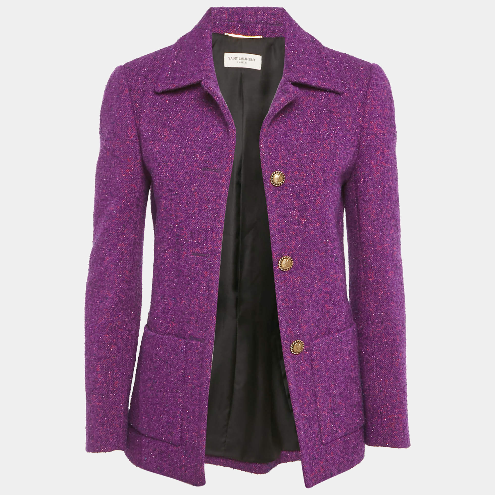 Pre Owned Saint Lauren Paris Purple Lurex Tweed Open Front Jacket M