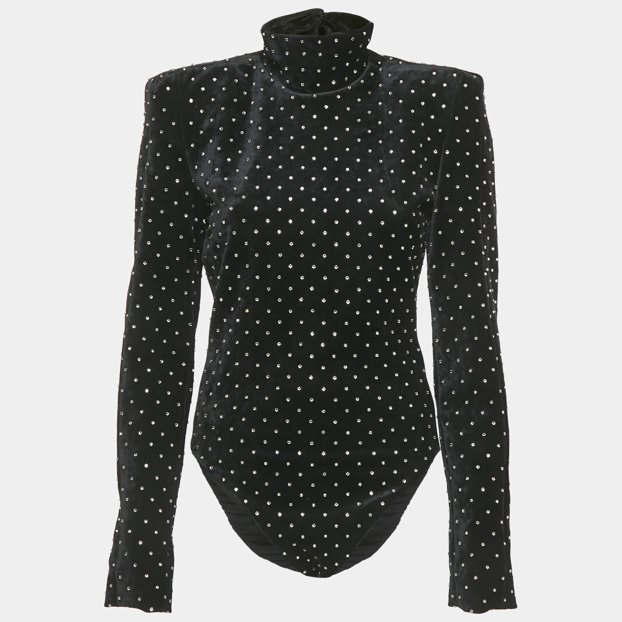 Pre Owned Saint Laurent Paris Black Crystal Embellished Velvet Turtleneck Bodysuit M