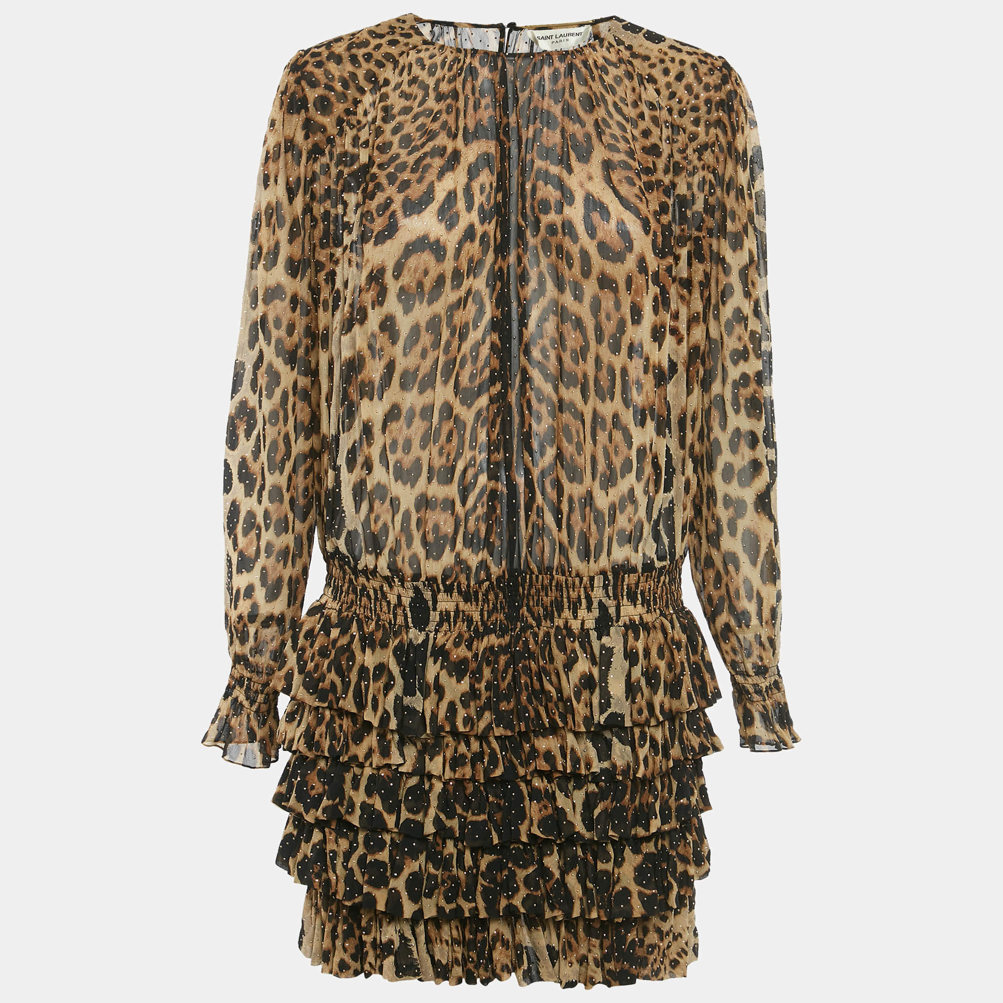 Pre Owned Saint Laurent Paris Brown Leopard Print Silk Ruffled Mini Dress M