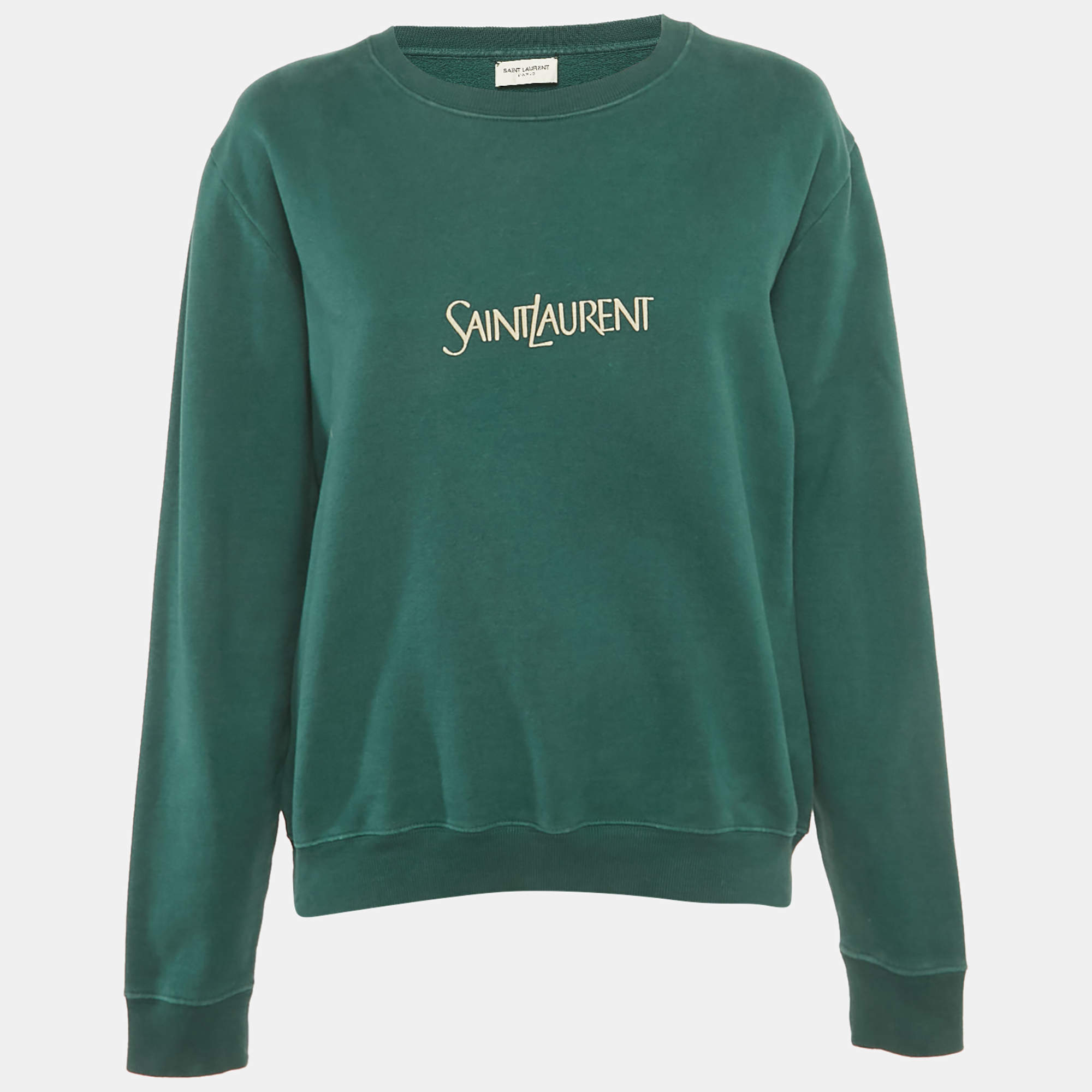 Pre Owned Saint Laurent Paris Green Logo Print Cotton Sweatshirt M