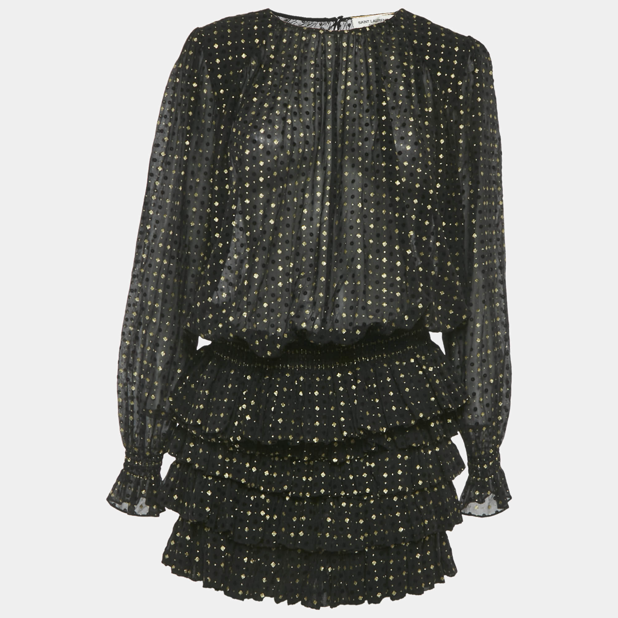 Pre Owned Saint Laurent Black Glitter Chiffon Sheer Ruffled Flocked Mini Dress M