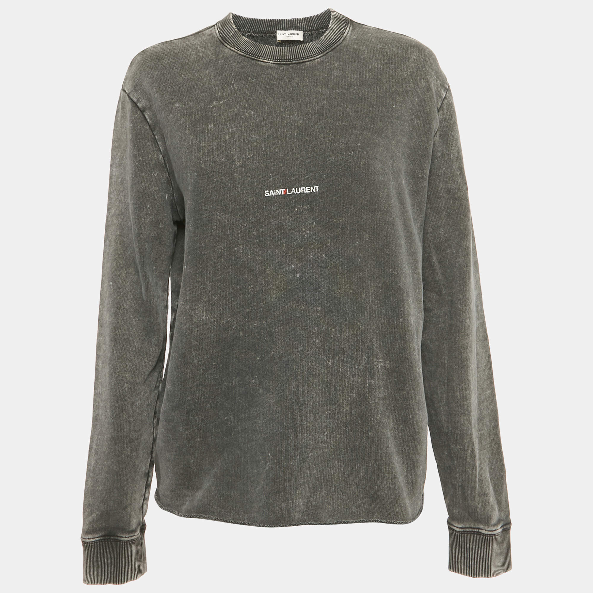 Pre Owned Saint Laurent Faded Grey Logo Print Cotton Distressed Sweatshirt S