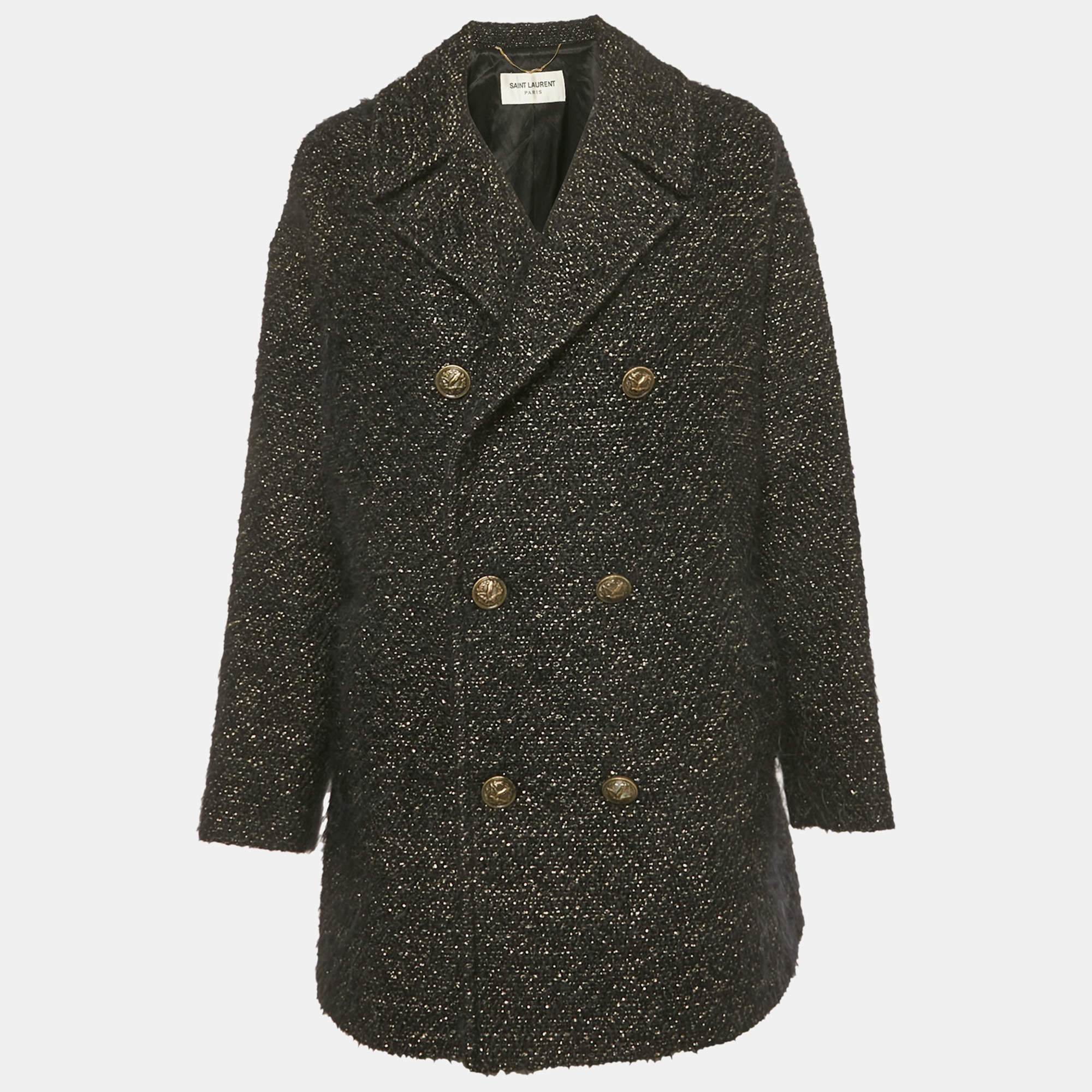 Pre Owned Saint Laurent Paris Black Textured Tweed Double Breasted Coat S