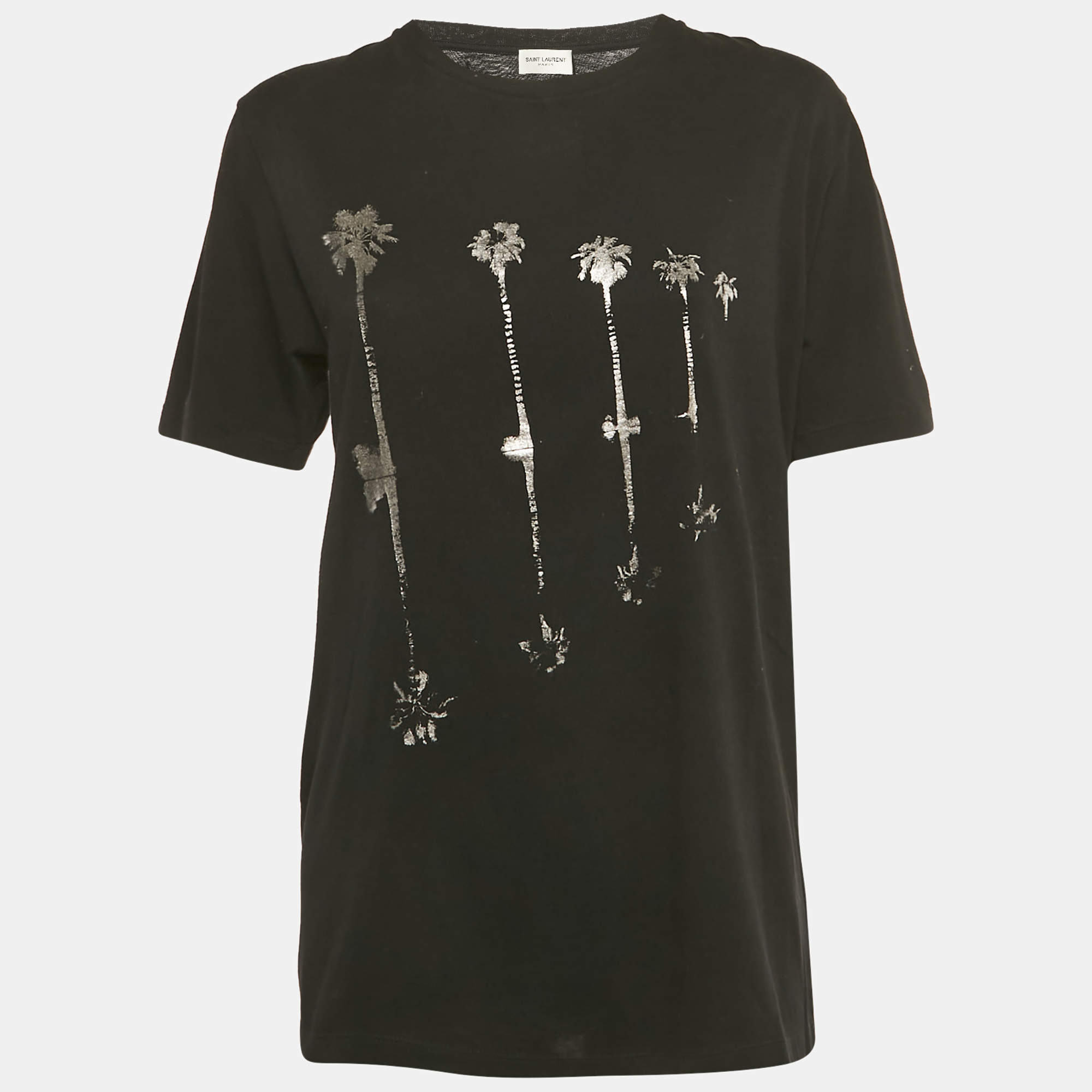 Pre Owned Saint Laurent Black Foil Print Jersey T-Shirt XS
