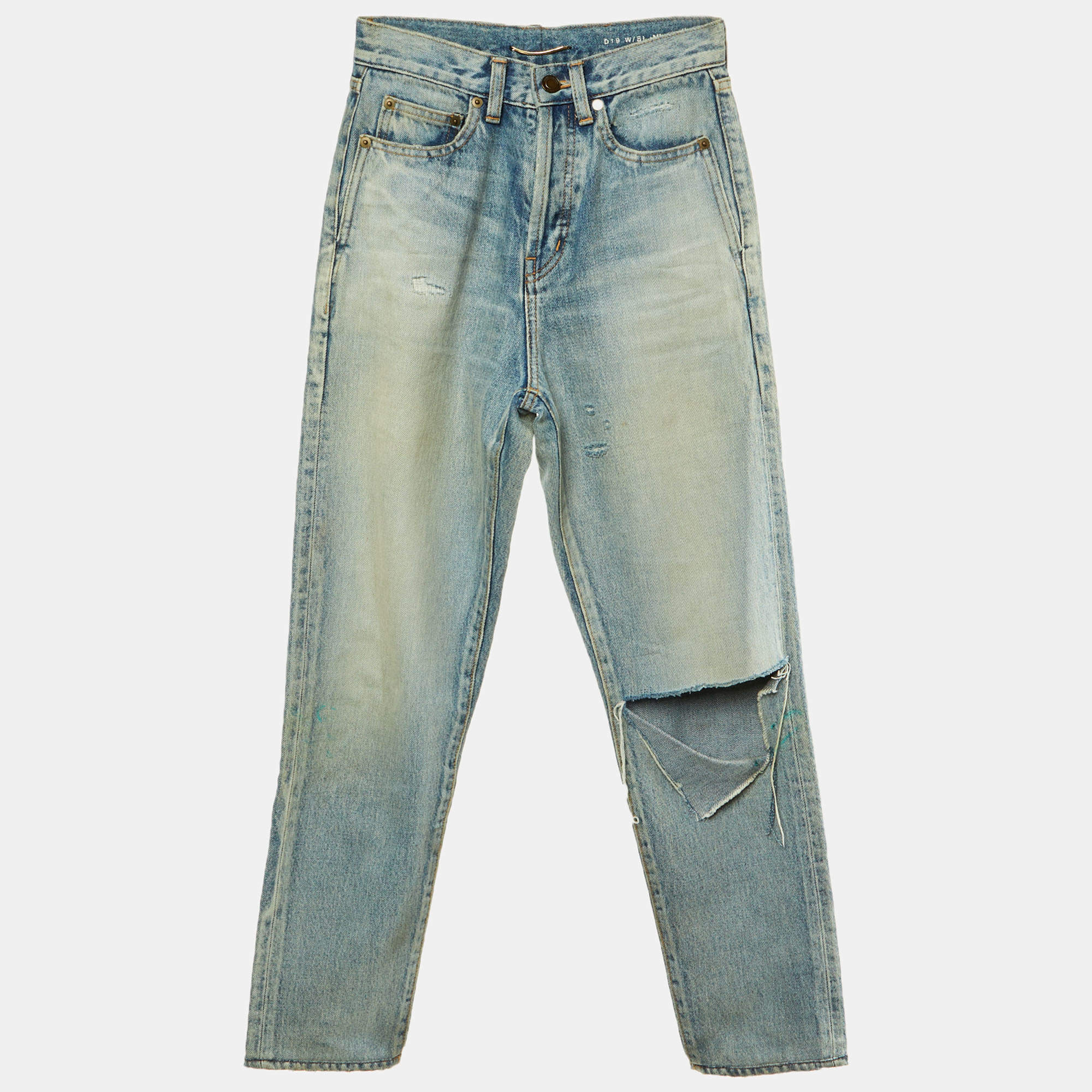 Pre Owned Saint Laurent Paris Blue Denim Distressed Slim Fit Jeans S/Waist 24"