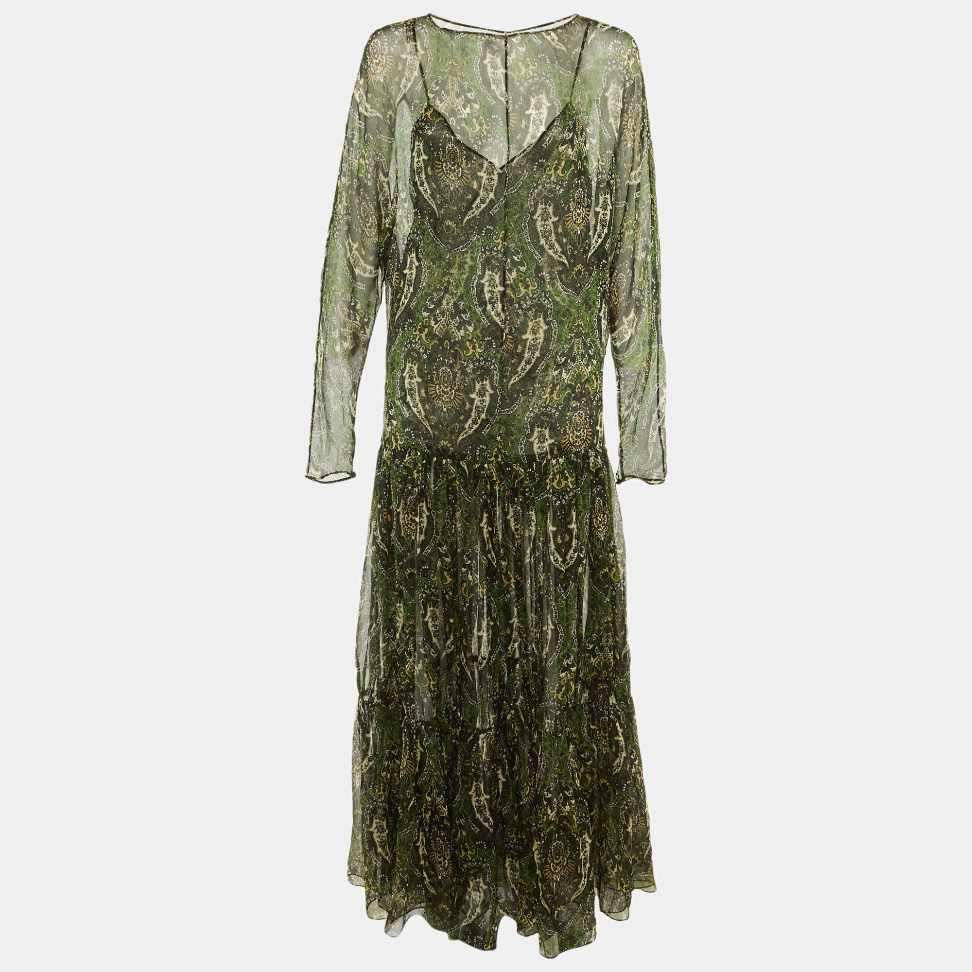 Pre Owned Saint Laurent Paris Green Paisley Print Silk Sheer Maxi Dress M
