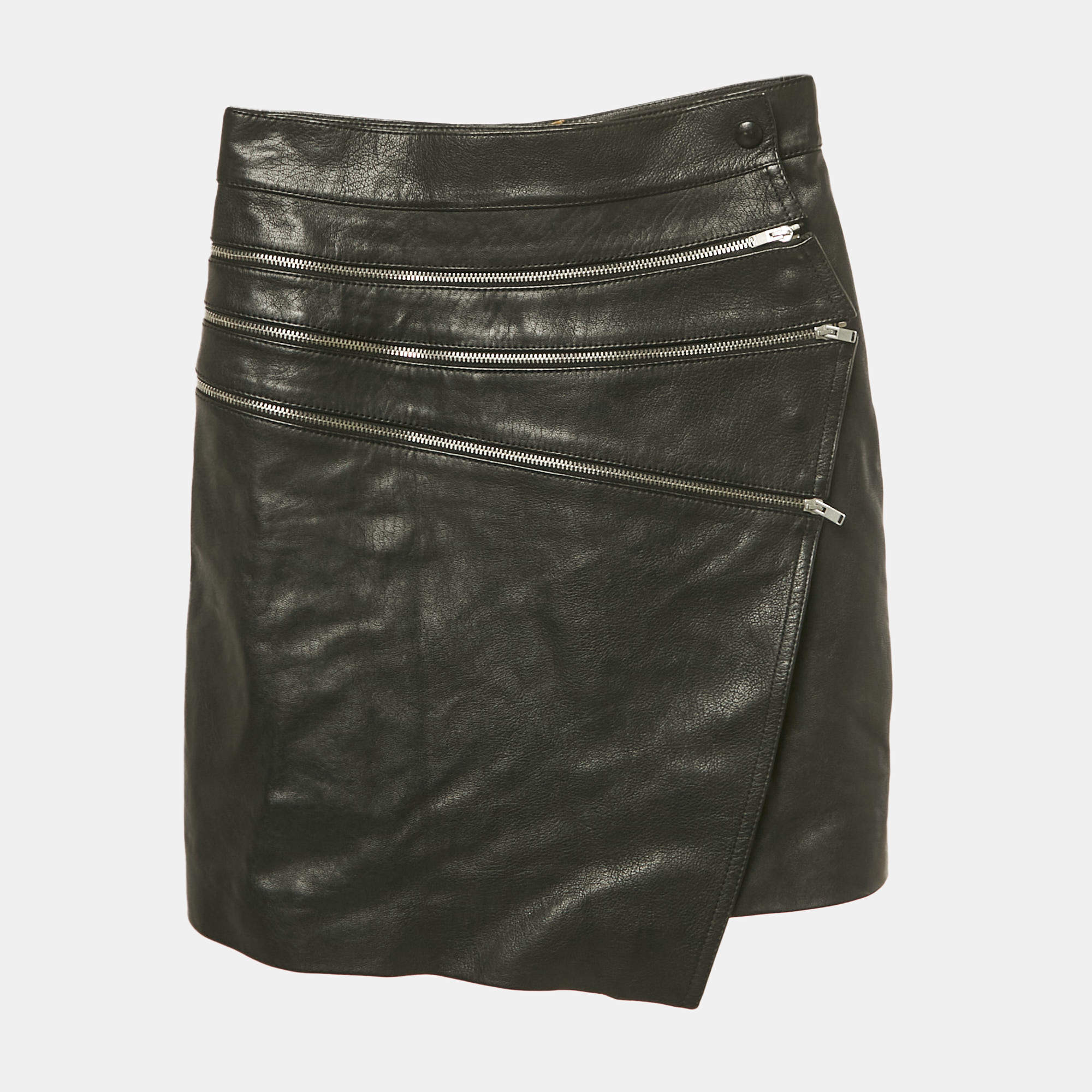 Pre Owned Saint Laurent Paris Black Leather Zip Detail Mini Skirt S