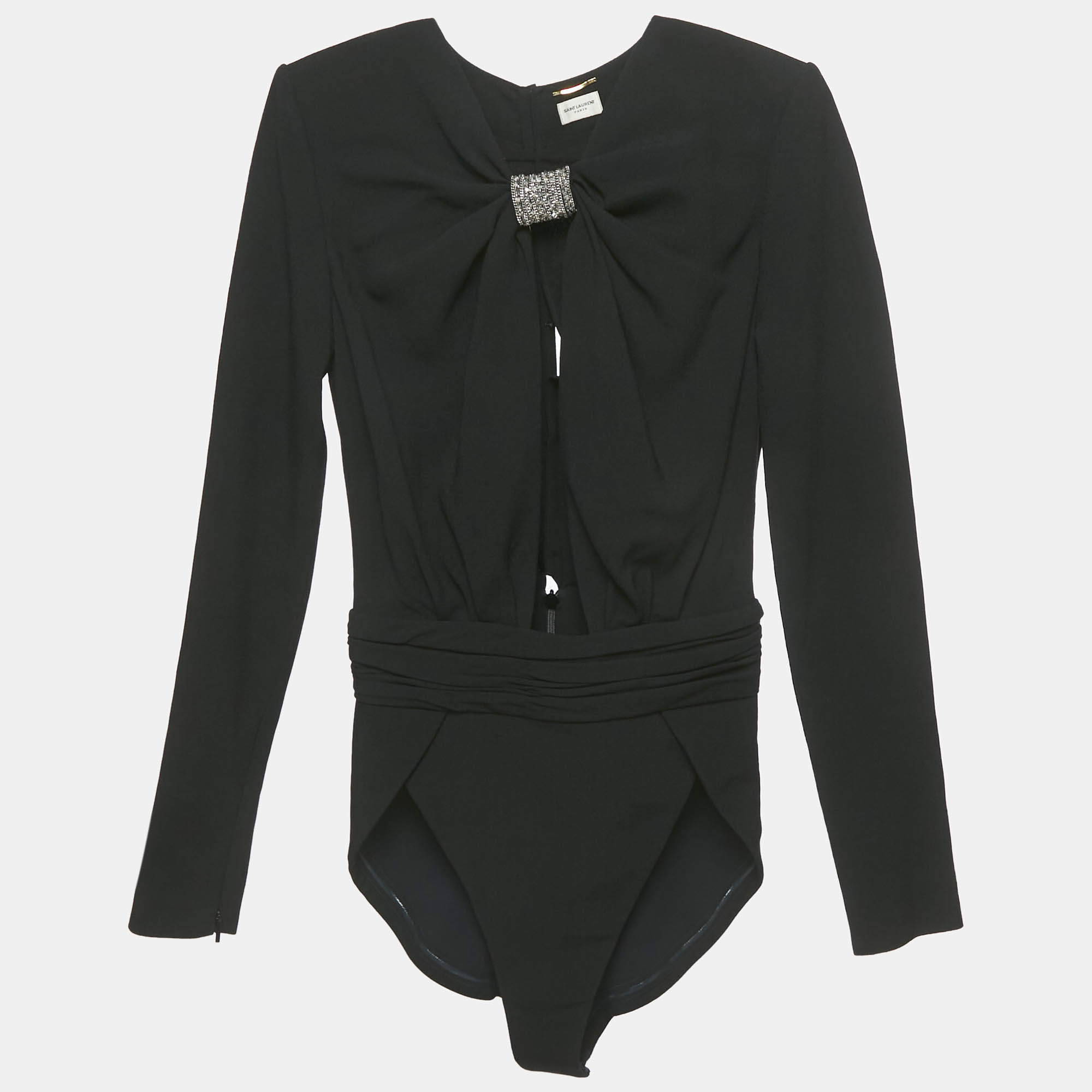 مملوكة مسبقًا Saint Laurent Paris Black Embellished Detail Crepe Bodysuit S 
