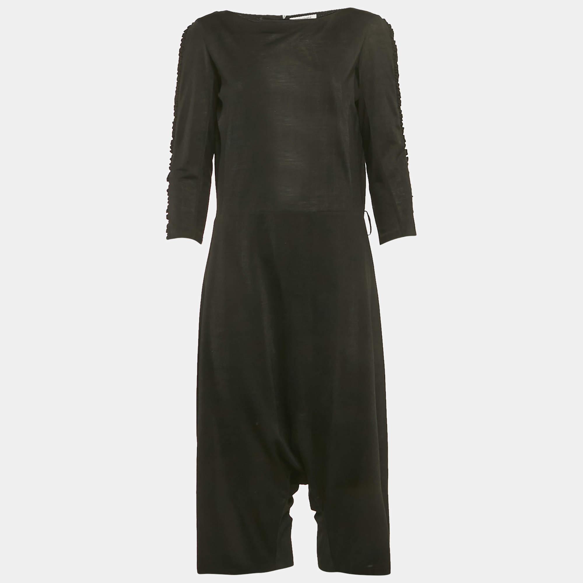 Pre Owned جمبسوت سان لوران باريس جيرسي أسود بكشكش مقاس صغير