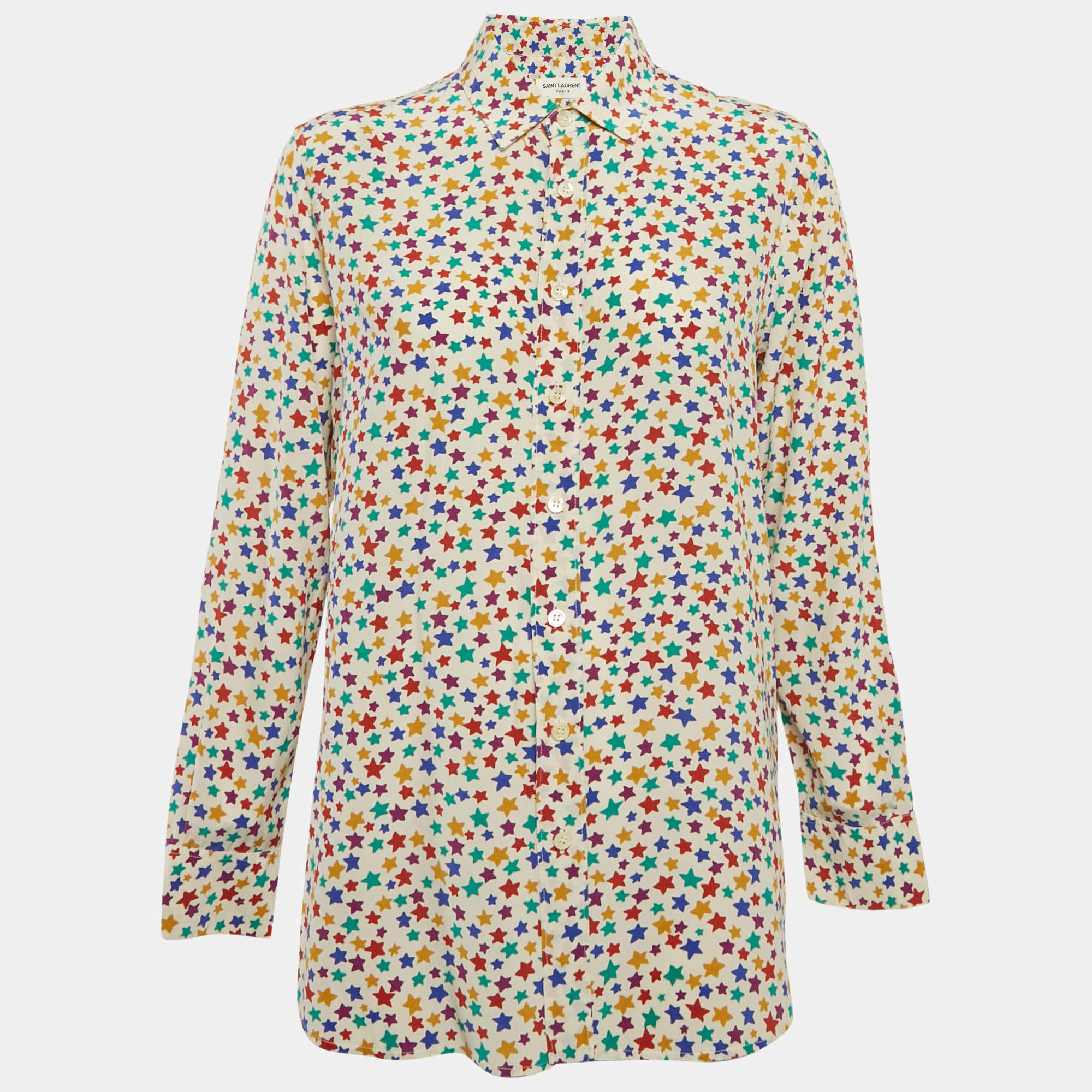 Pre Owned Saint Laurent Paris Printed Silk Button Up Blouse XL
