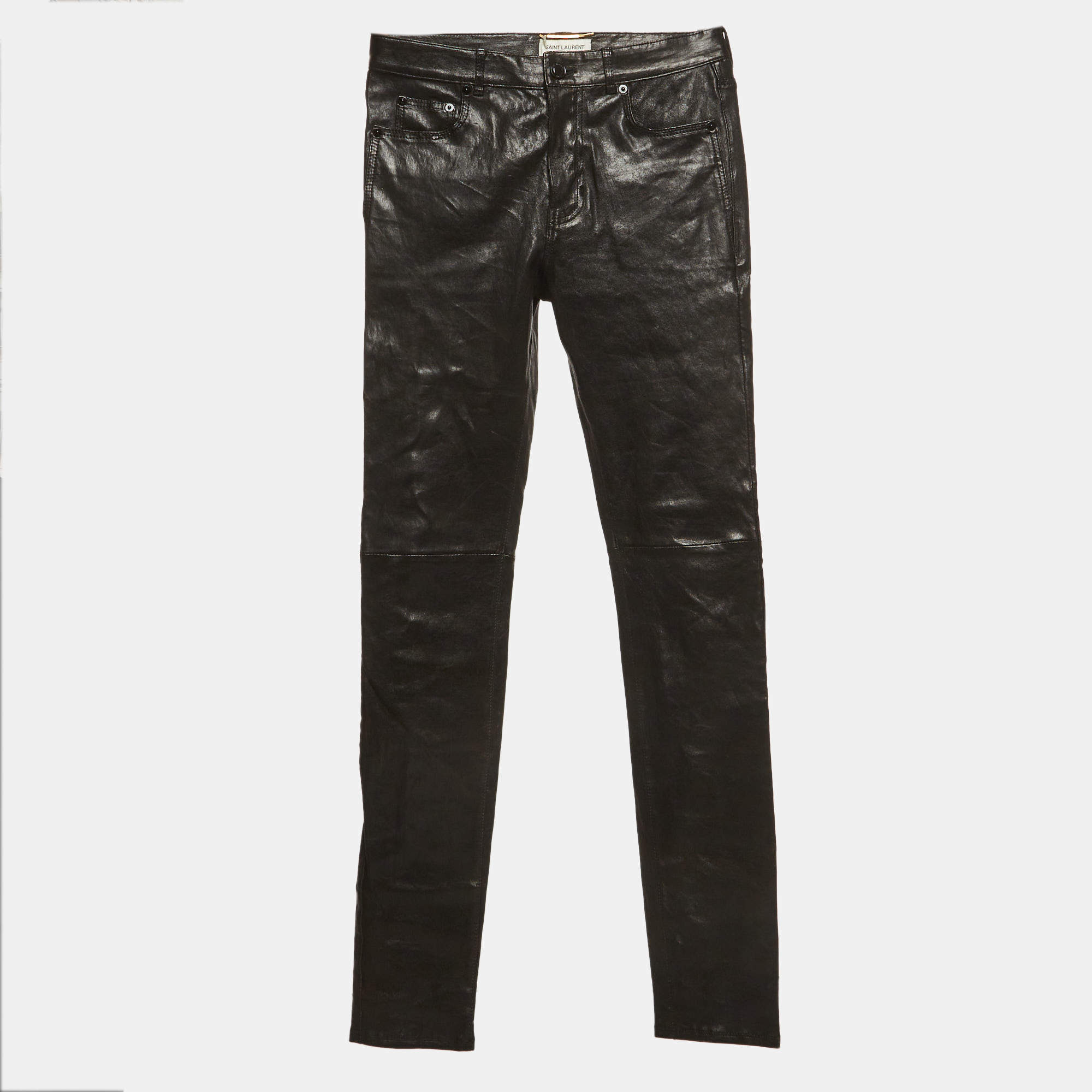 Pre Owned Saint Laurent Black Leather Mid Rise Pants M