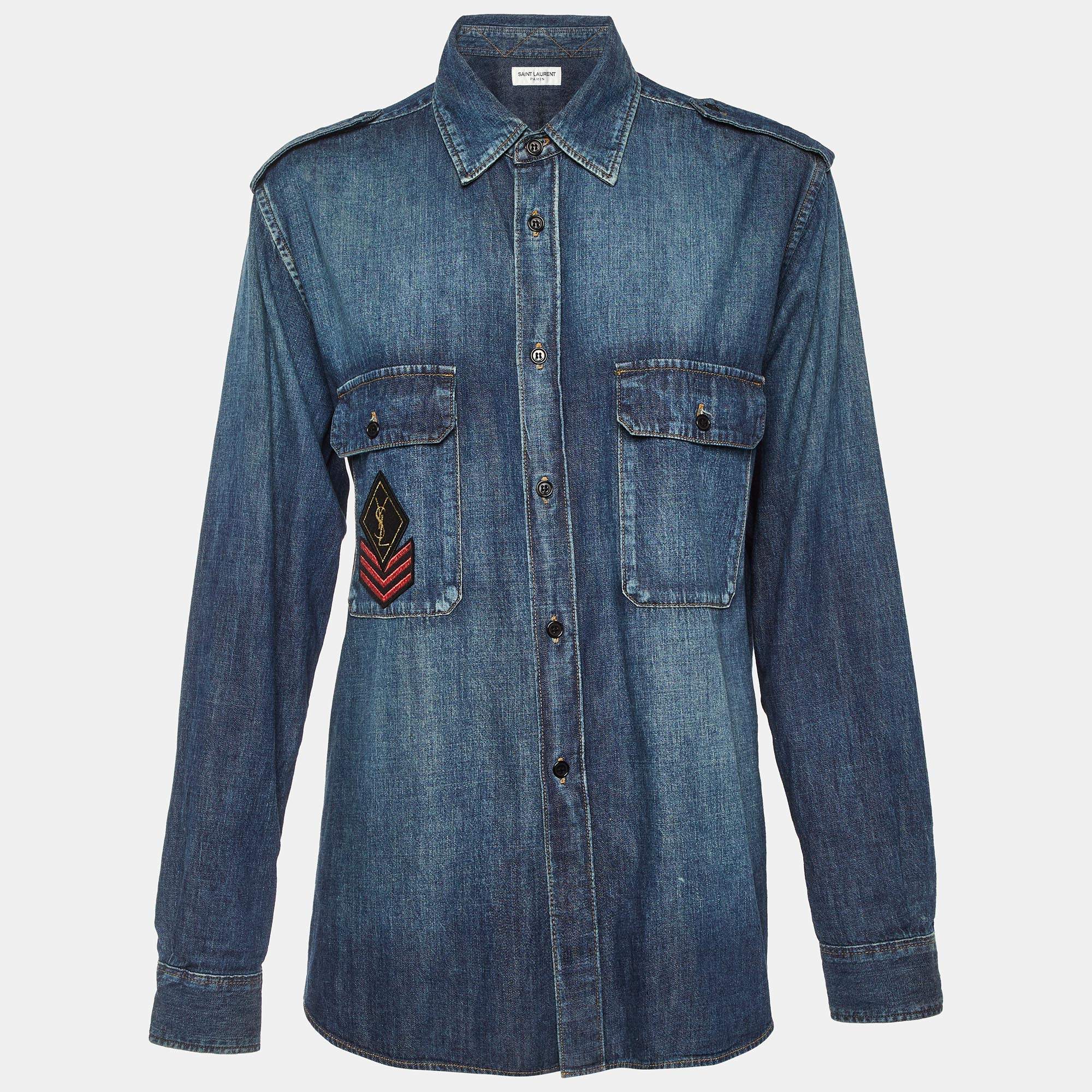 مملوكة مسبقًا Saint Laurent Paris Blue Denim Patch Detail Shirt L