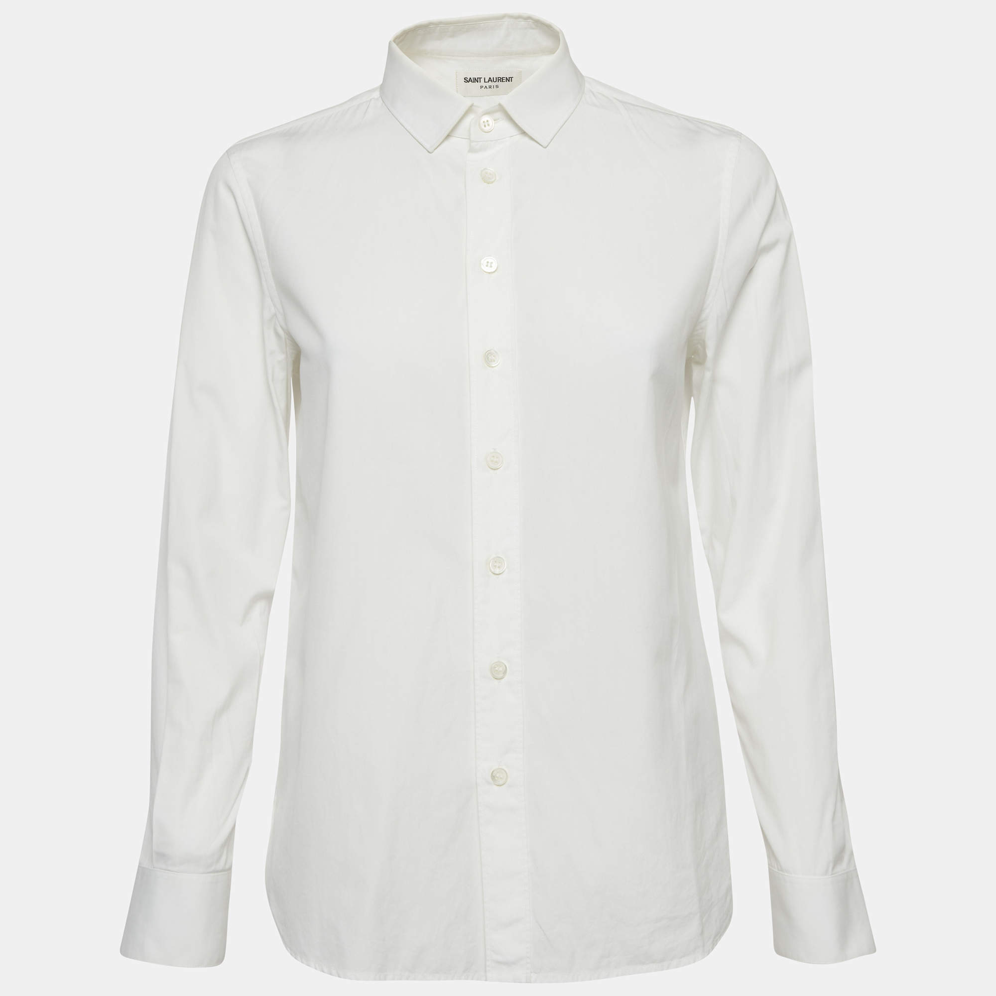 مملوكة مسبقًا قميص سان لوران أبيض قطن طويل الأكمام مقاس متوسط
