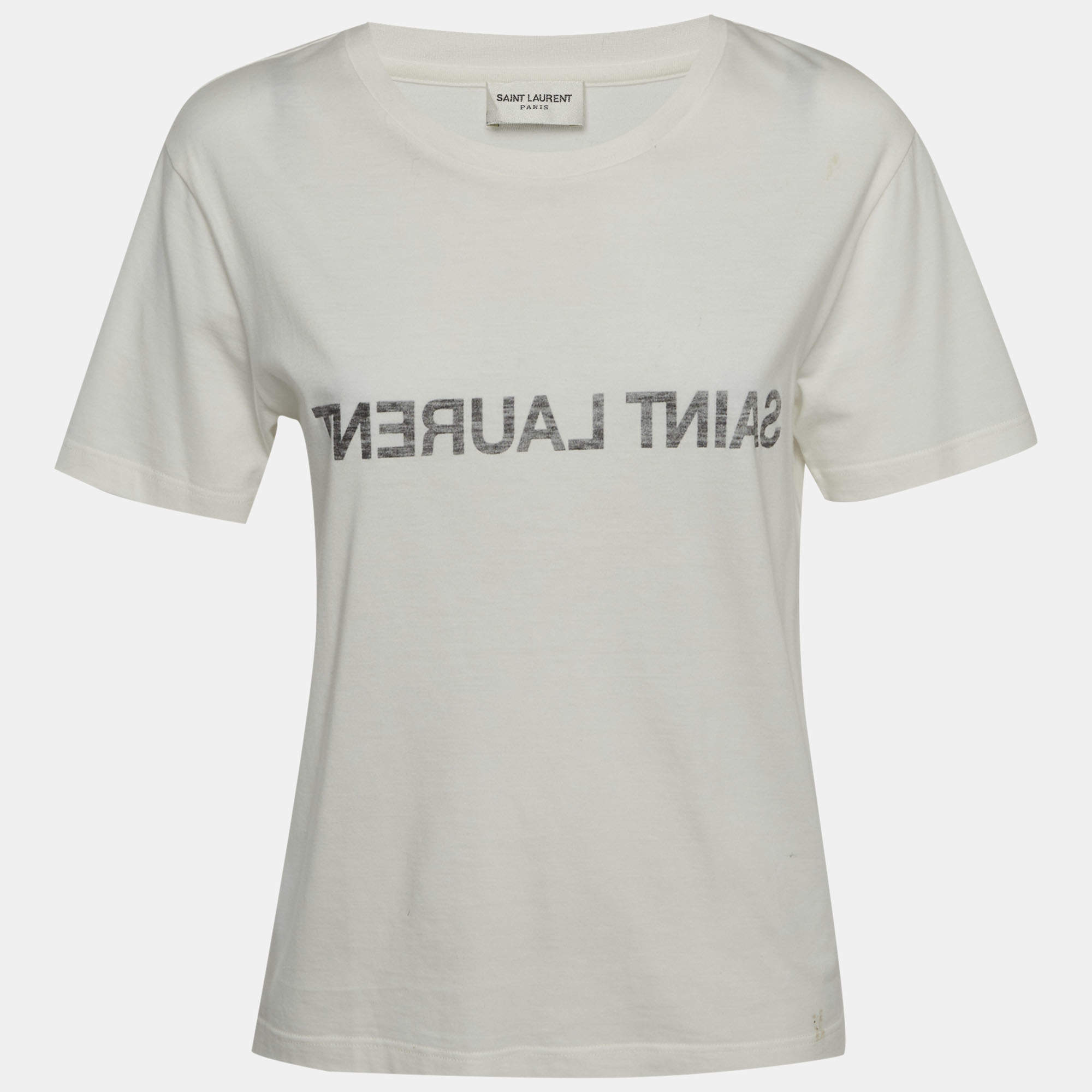 Pre Owned Saint Laurent White Cotton Inverted Logo Printed Cotton Knit T-Shirt M