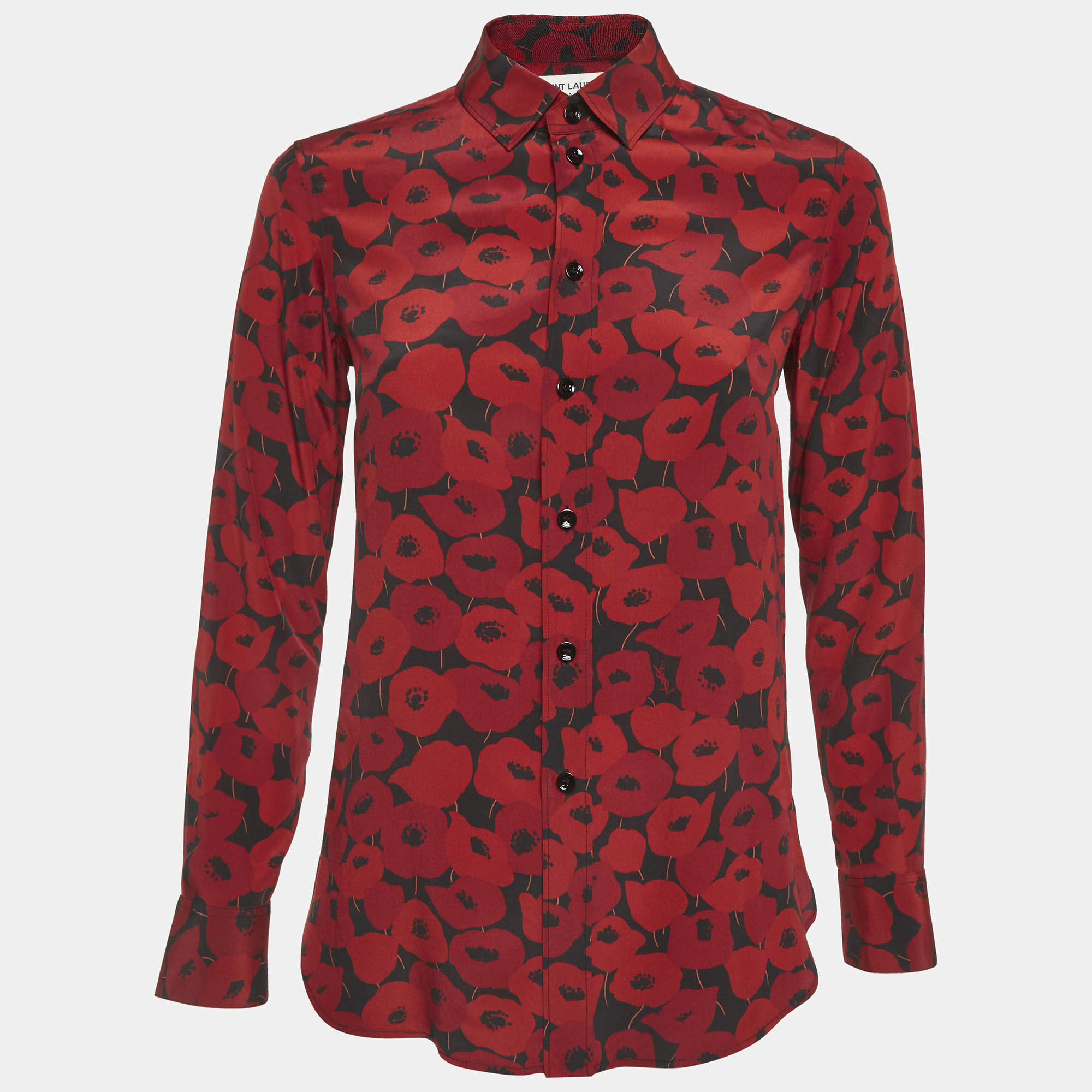 مملوكة مسبقًا Saint Laurent Red Floral Print Silk Long Sleeve Shirt S
