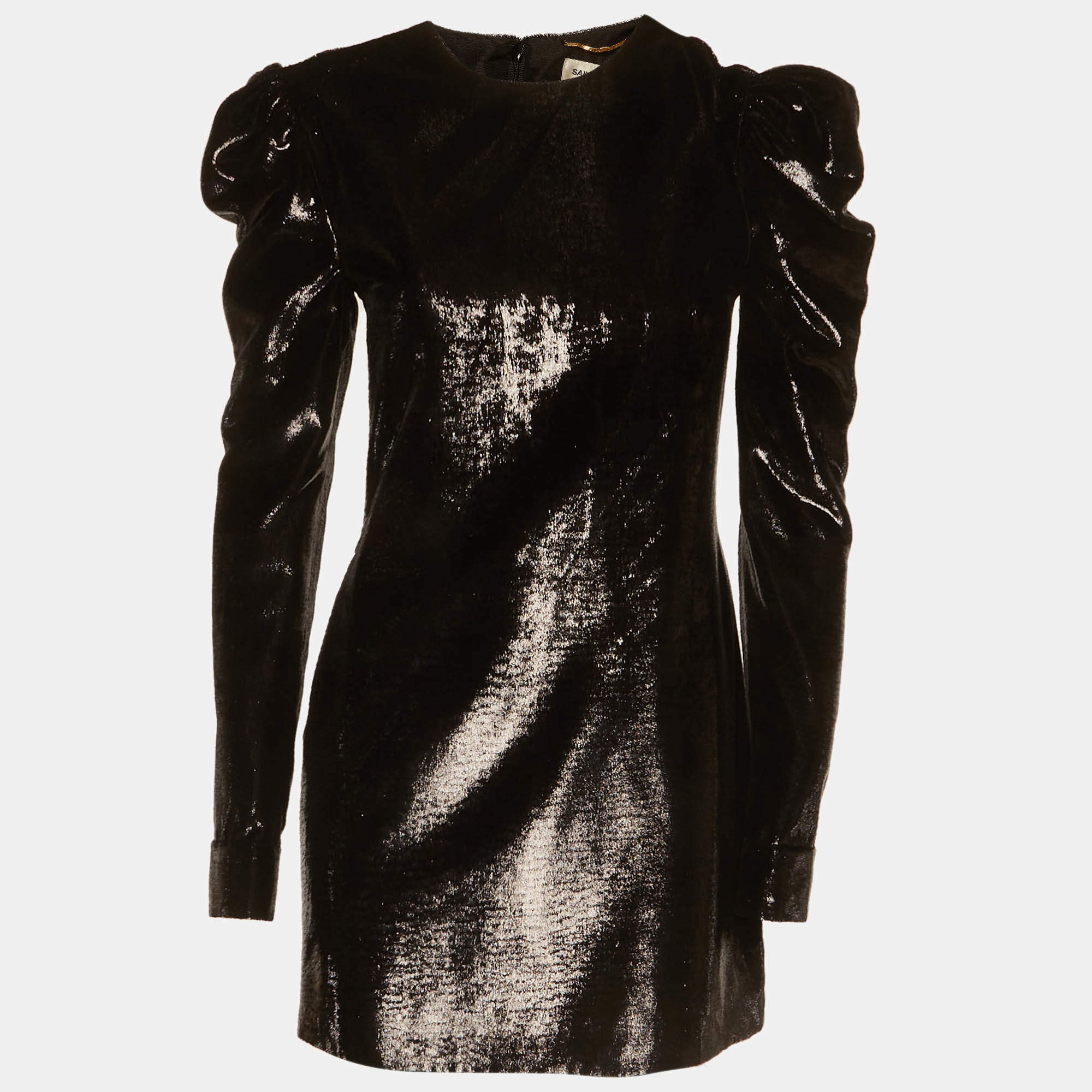 مملوكة مسبقًا Saint Laurent Paris Black Lamé Velvet Puff Sleeve Mini Dress S