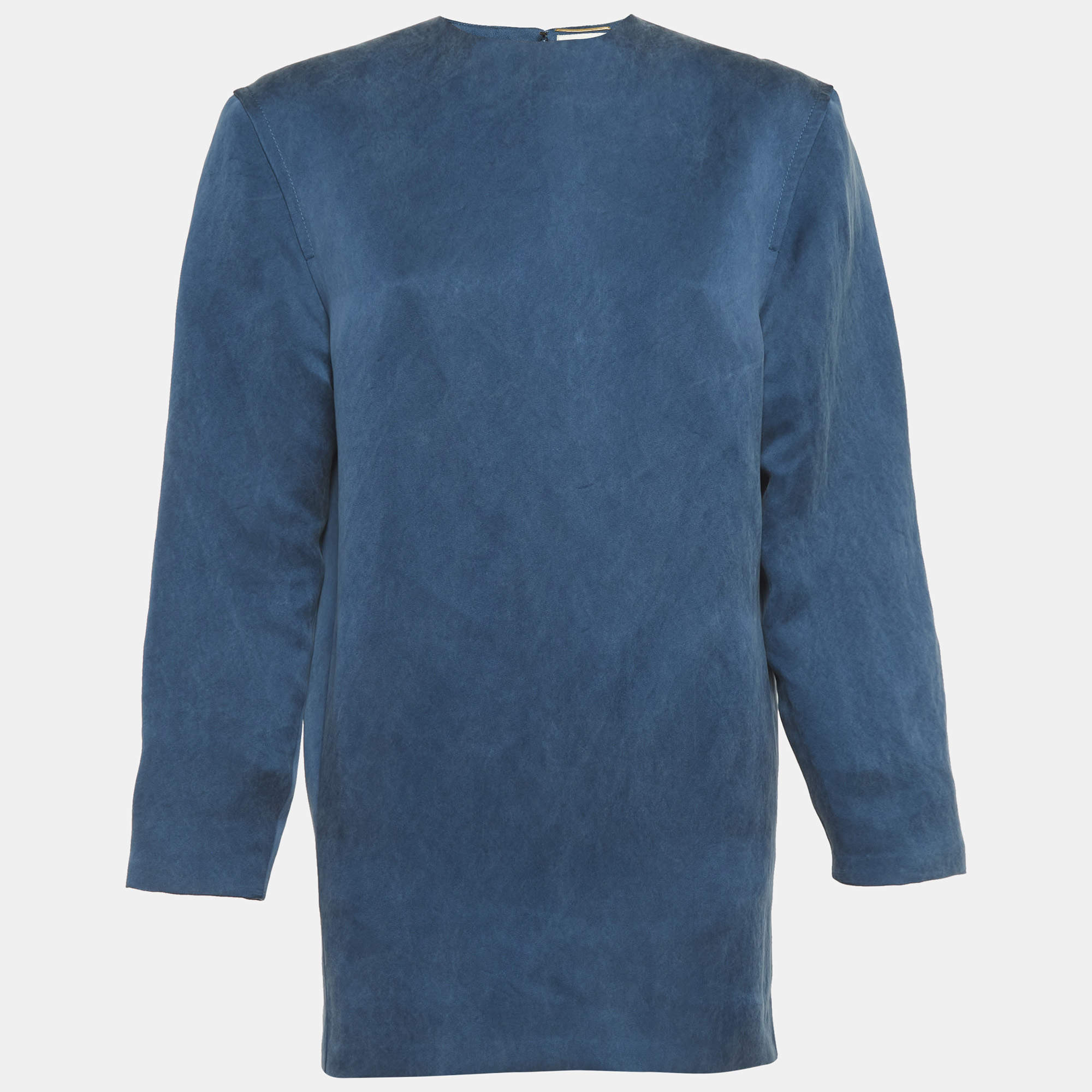 Pre Owned فستان سان لوران باريس حرير أزرق مخضر شعار تفاصيل قصير مقاس صغير (سمول)