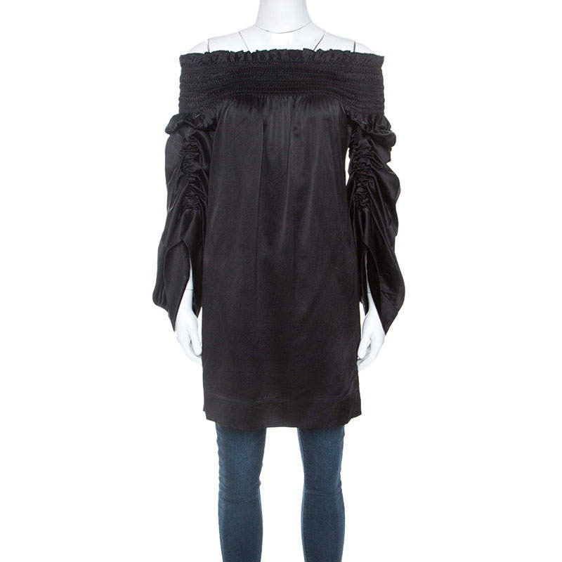 مملوكة مسبقًا Saint Laurent Paris Black Satin Smocked Off Shoulder Top M