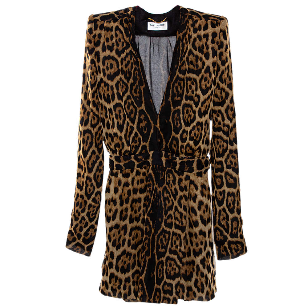 Pre Owned Saint Laurent Paris Brown Leopard Printed Silk Shoulder Padded Mini Dress M