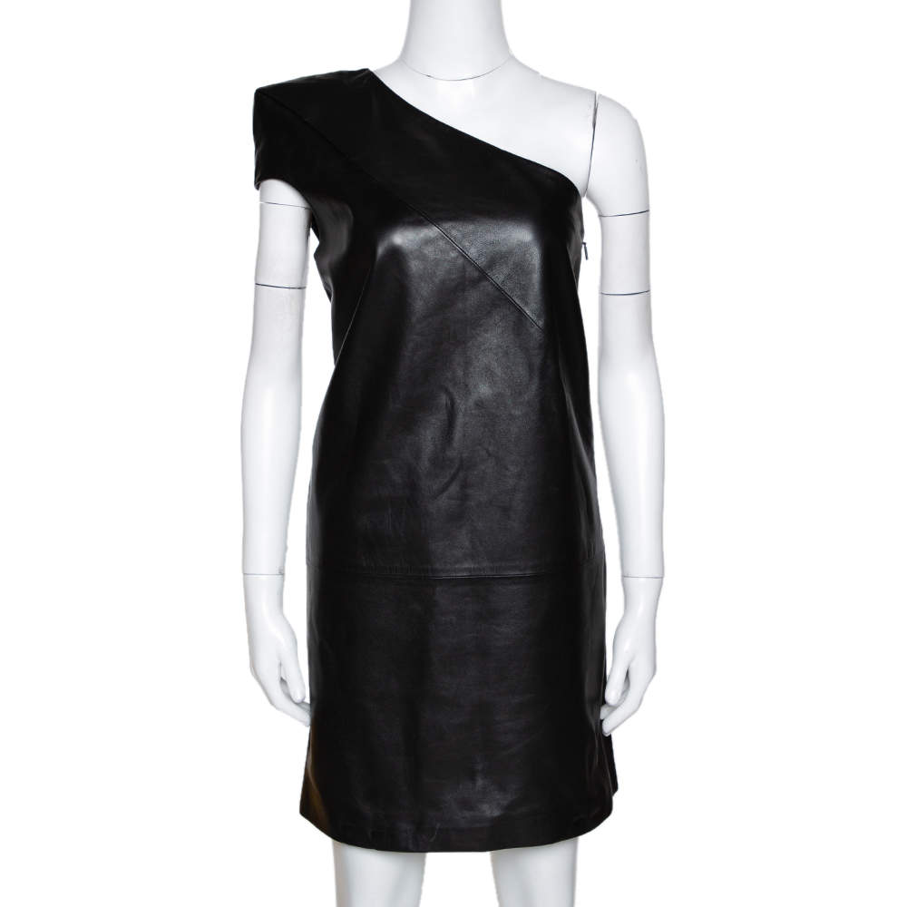 فستان سان لوران باريس كتف واحد جلد أسود M
