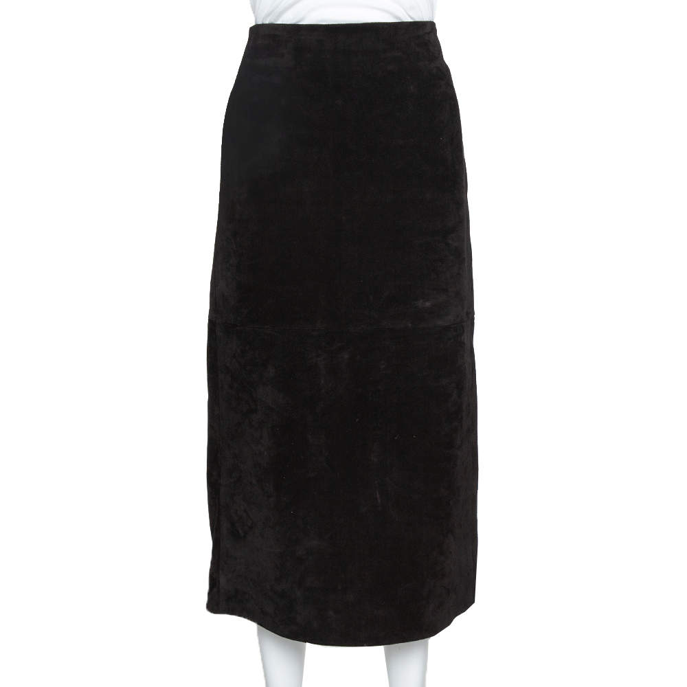 Pre Owned Saint Laurent Paris Black Suede Fitted Midi Skirt S