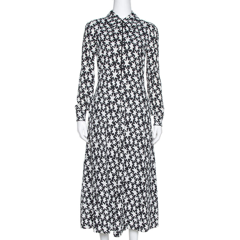 Pre Owned Saint Laurent Paris Monochrome Star Print Crepe Midi Dress M