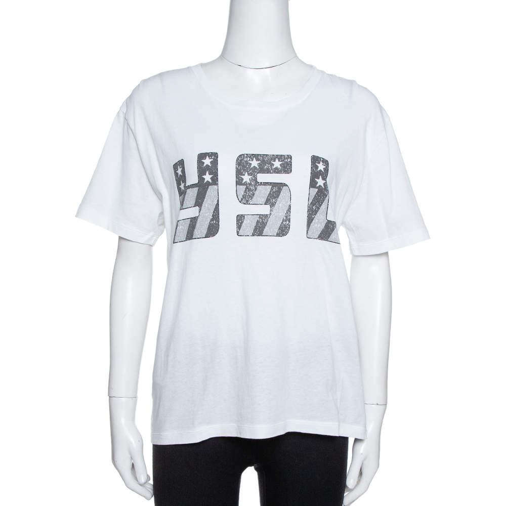 Saint Laurent Paris White YSL Print Cotton Crew Neck T-Shirt M