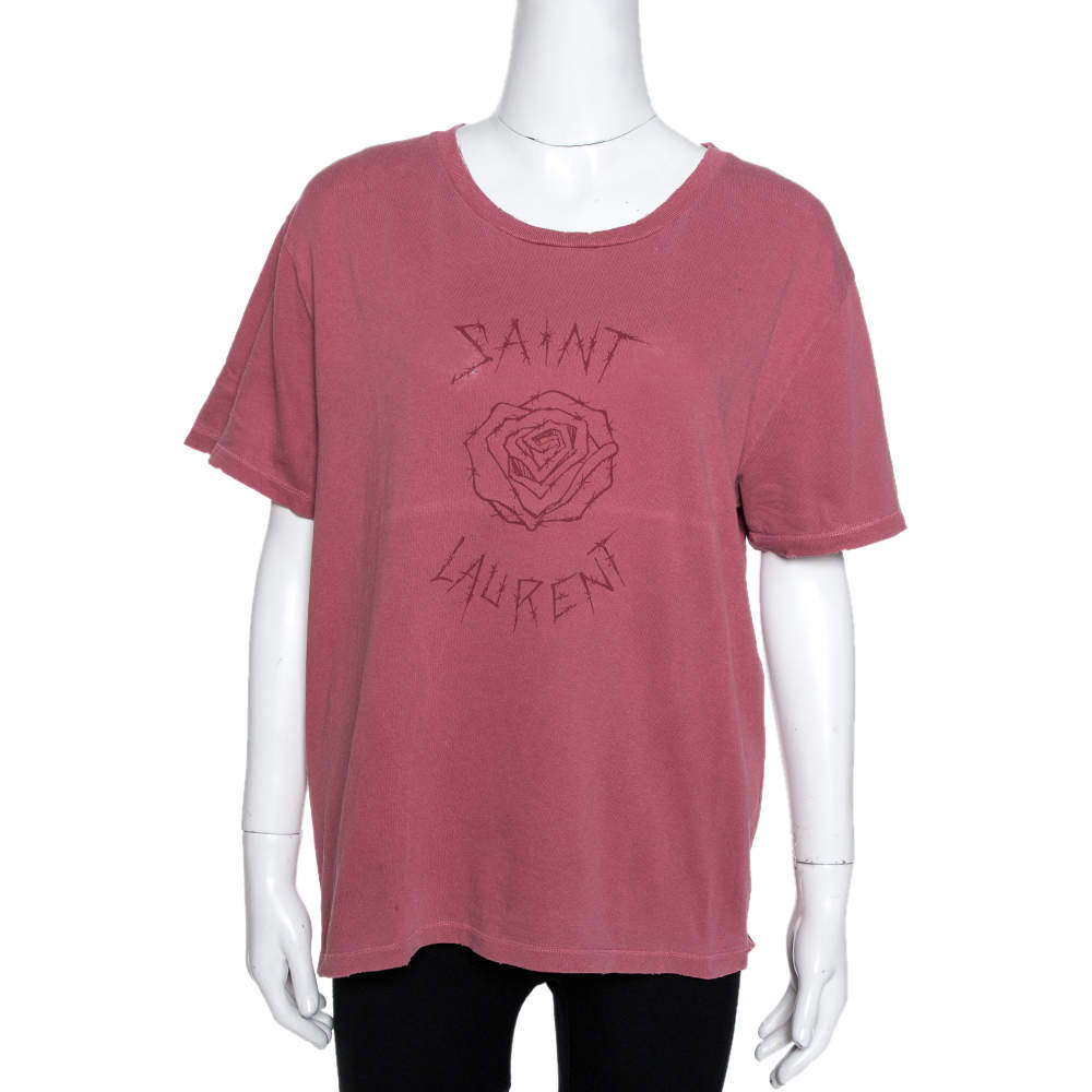 Saint Laurent Paris Pink Washed Cotton Logo Print Distressed T-Shirt L