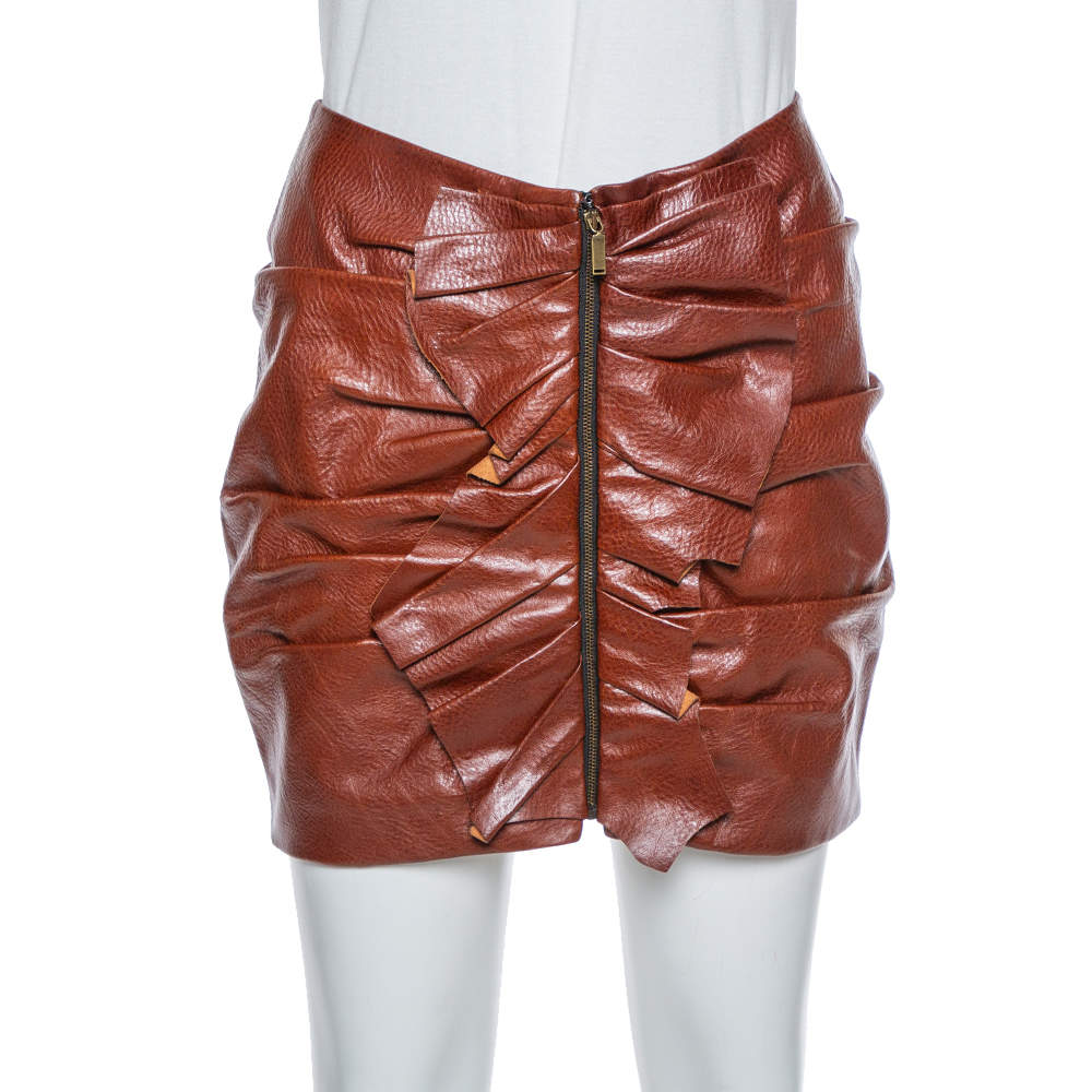 Saint Laurent Brown Leather Ruffle Detail Zip Front Mini Skirt S