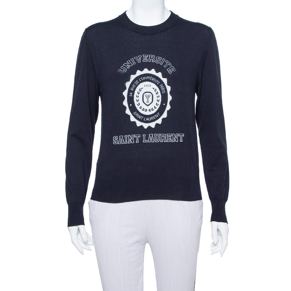 Pre Owned Saint Laurent Navy Blue Intarsia Knit University Crewneck Jumper S