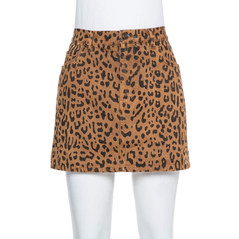 Saint Laurent Paris Brown Leopard Printed Denim Mini Skirt M